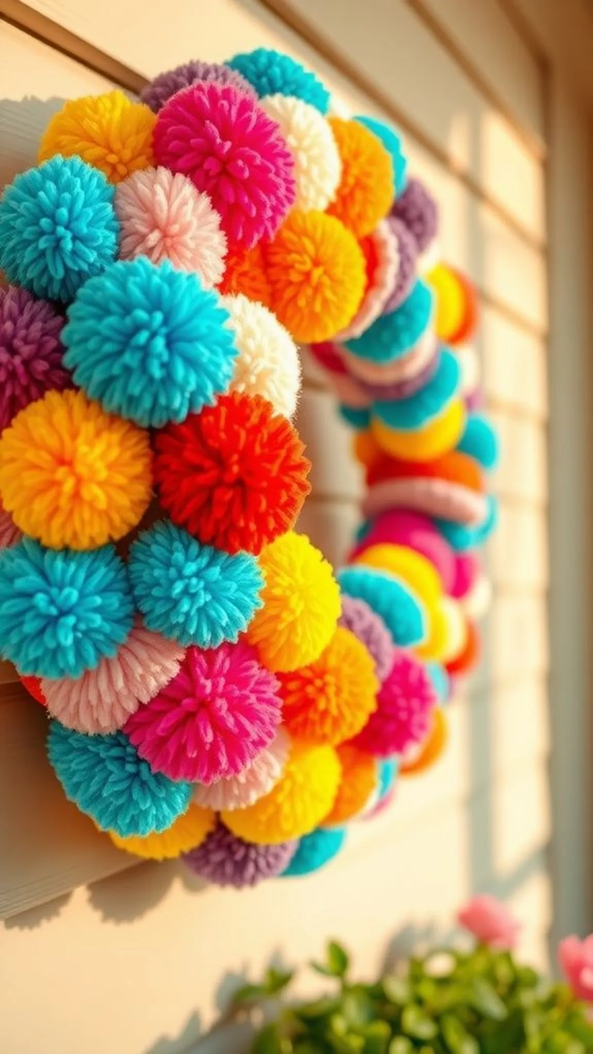 Pom pom party wreath in rainbow colors