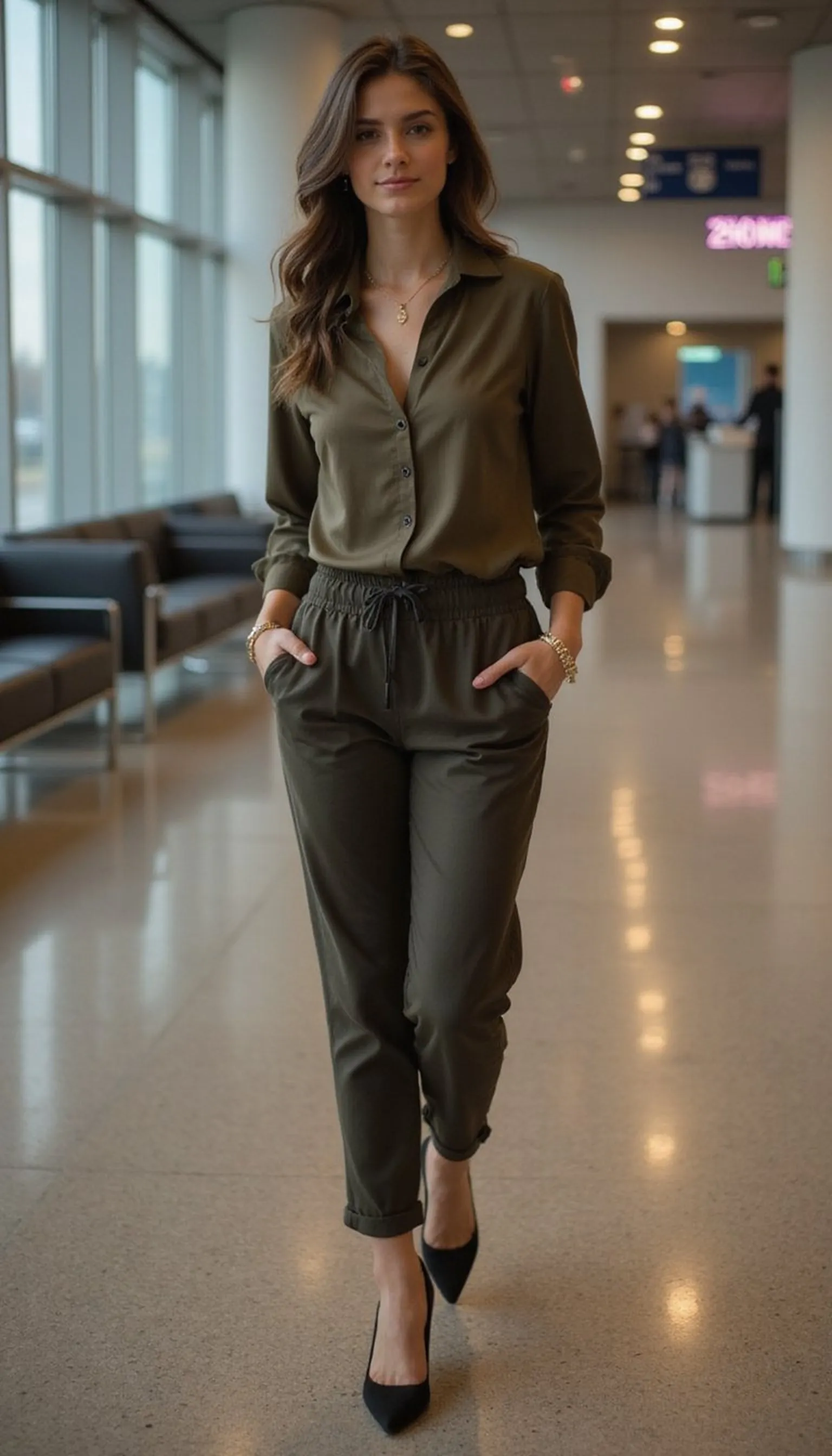 Evening-flight glam: satin blouse and tailored joggers