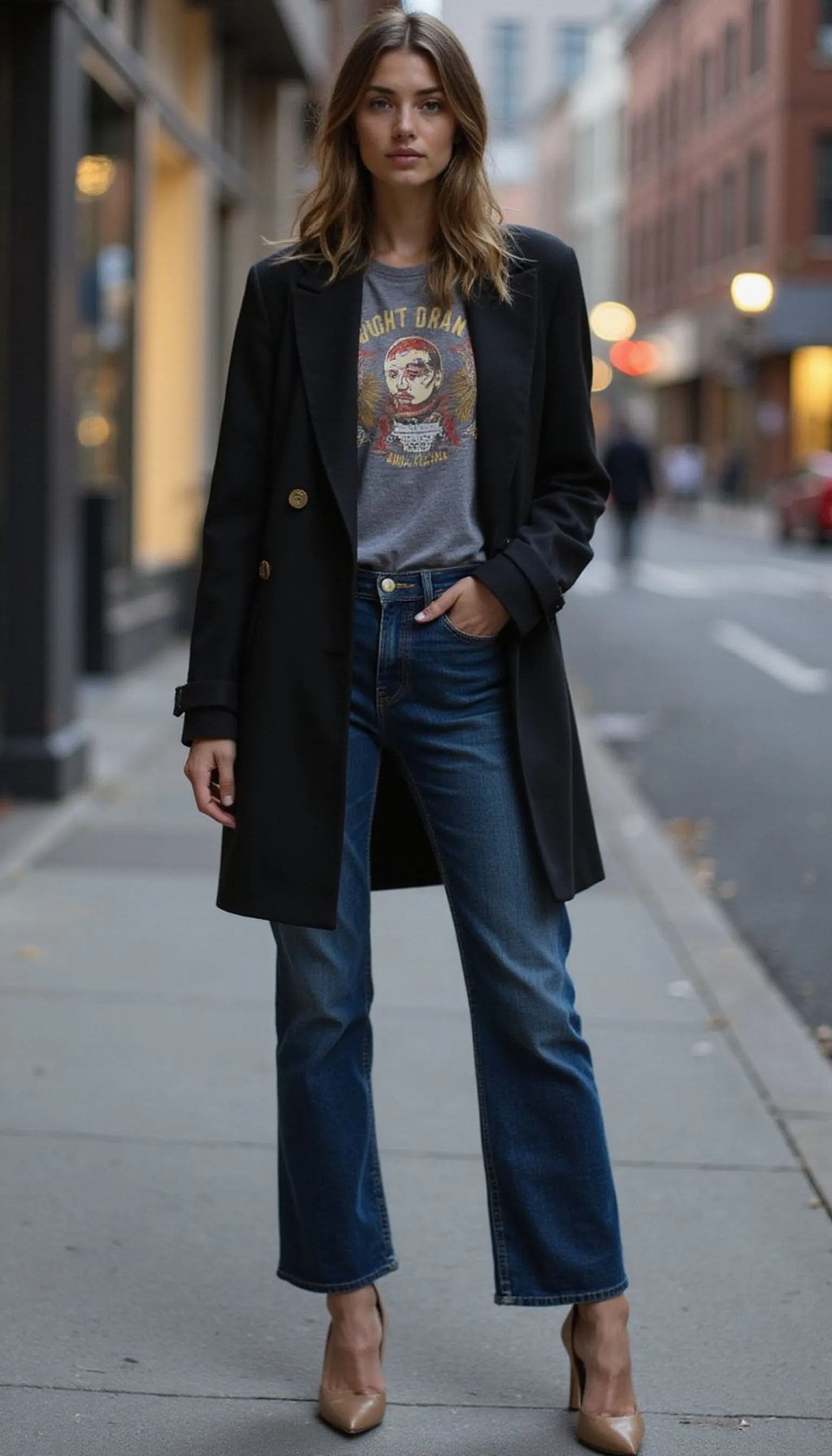 Blazer, graphic tee, and straight-leg jeans