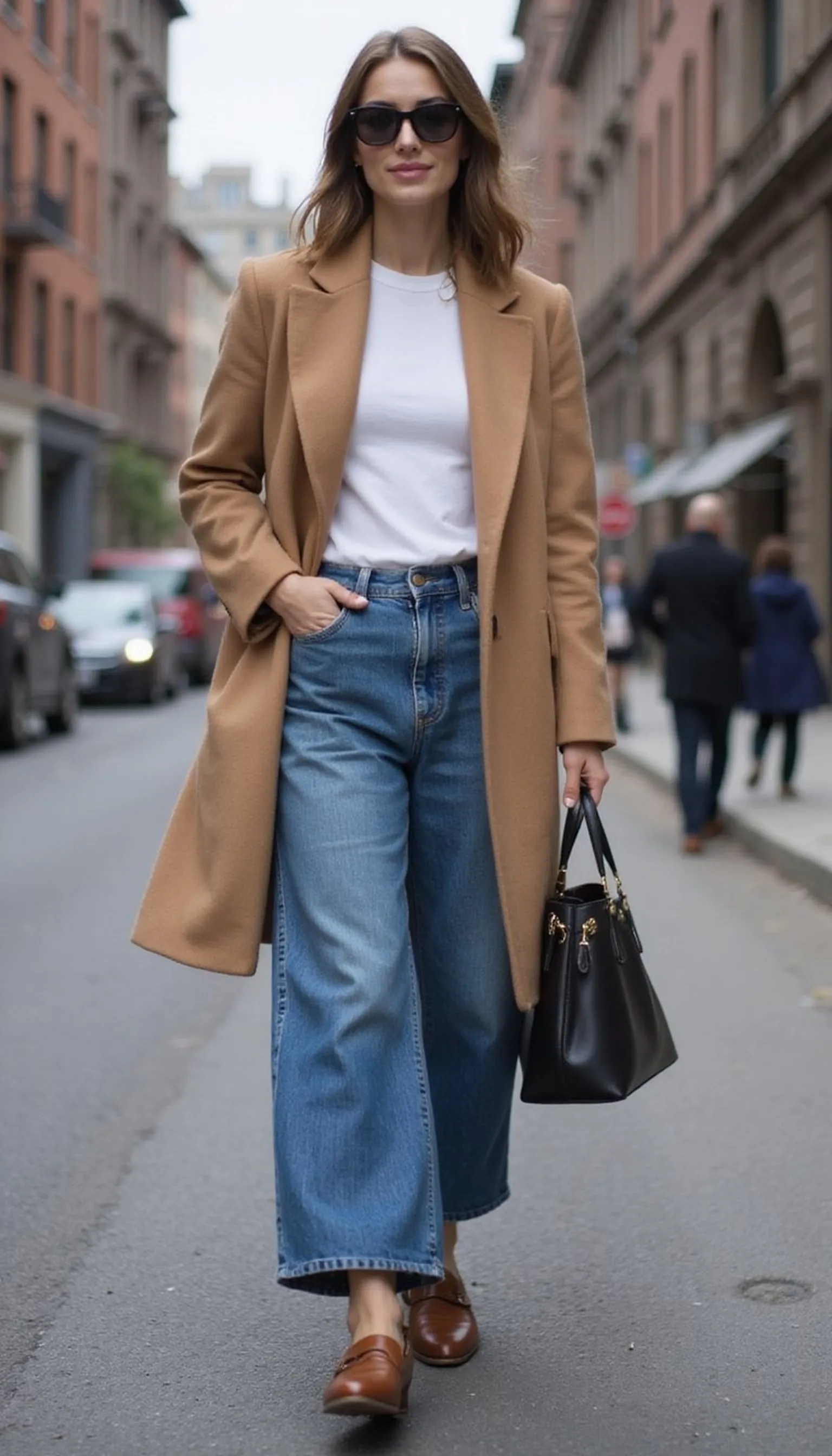 Camel coat, white tee, and wide-leg jeans-monochrome vibe