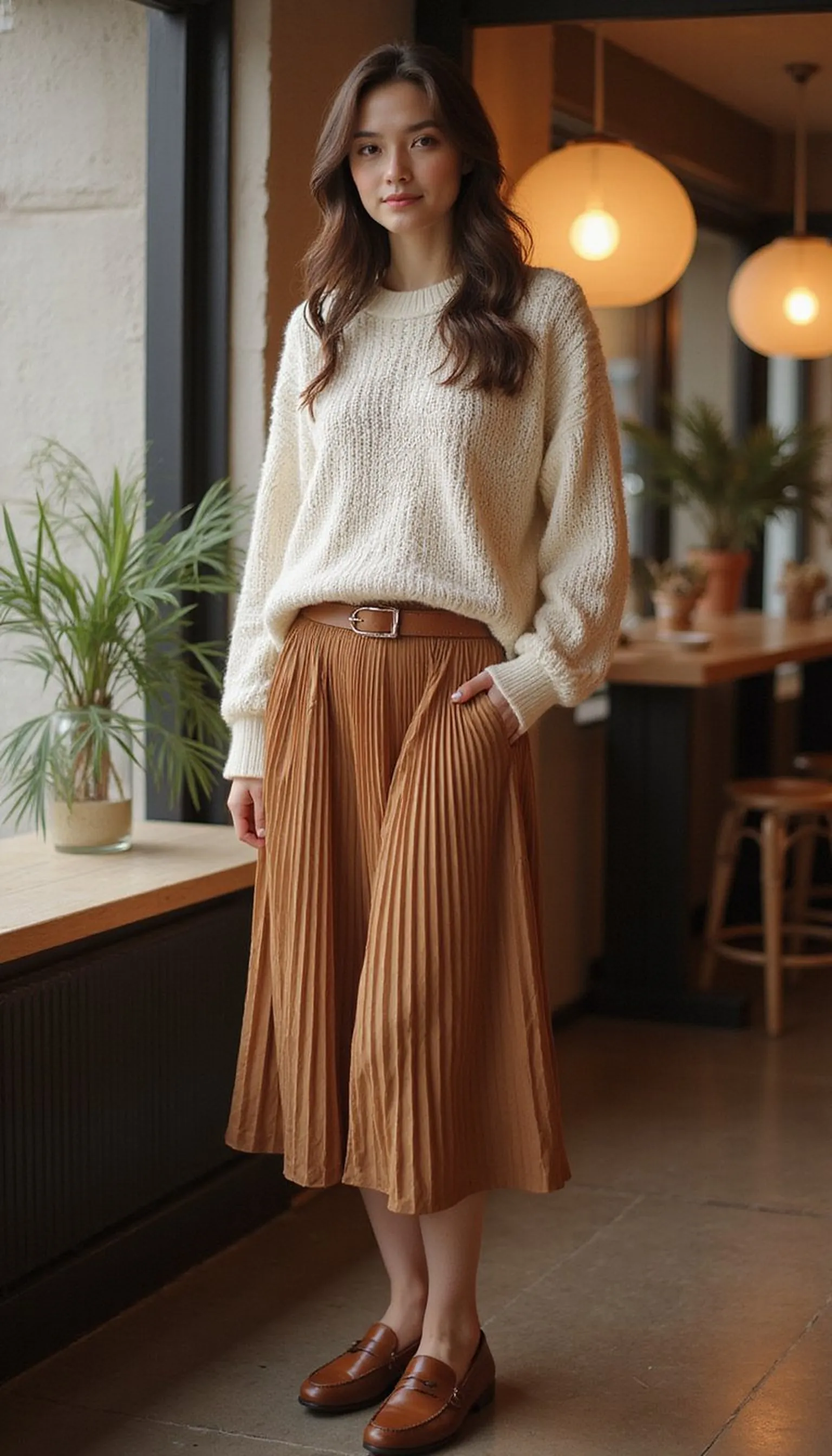 Chunky knit and pleated midi skirt combo