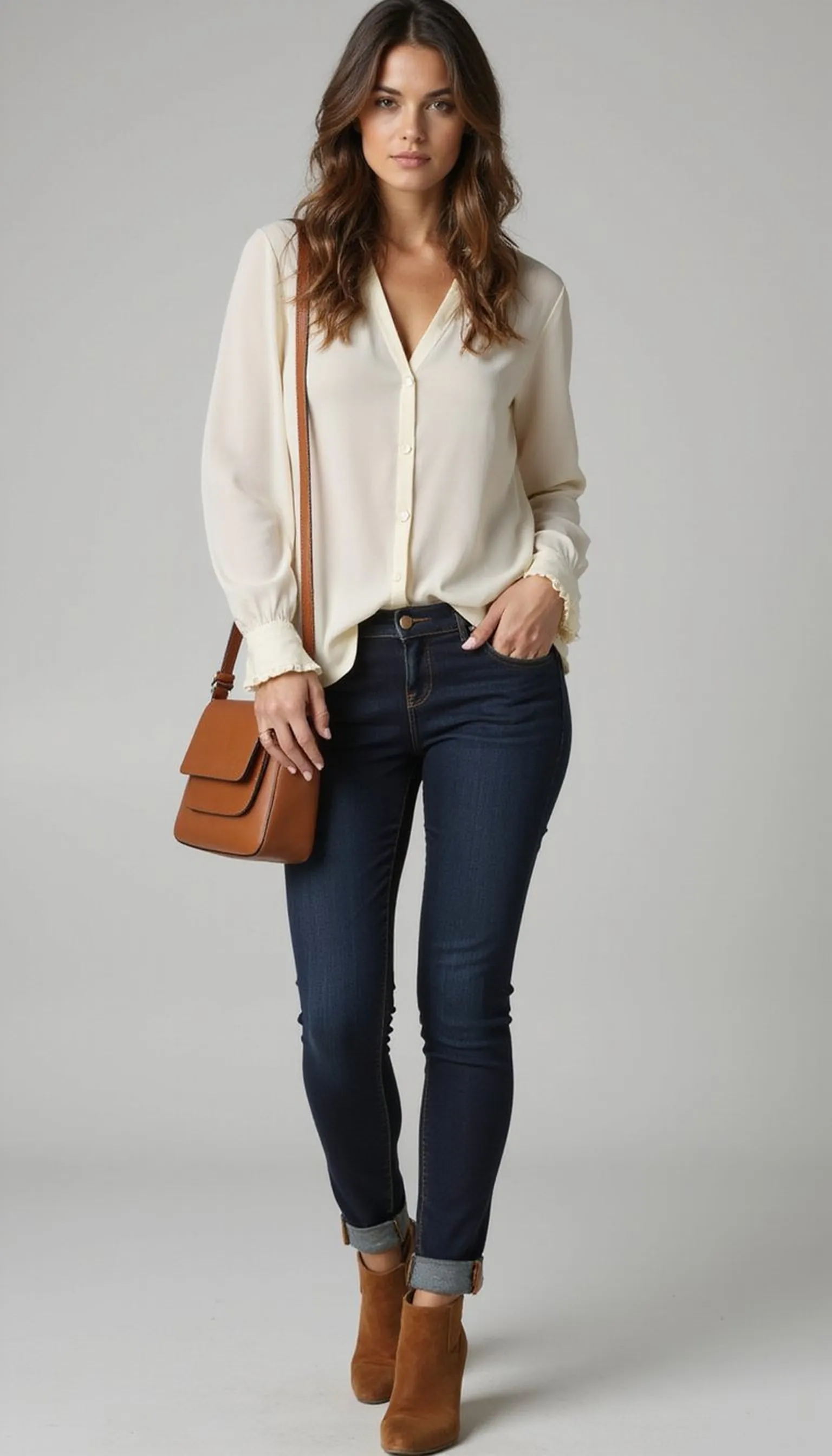 Dark jeans with a silk blouse and ankle boots