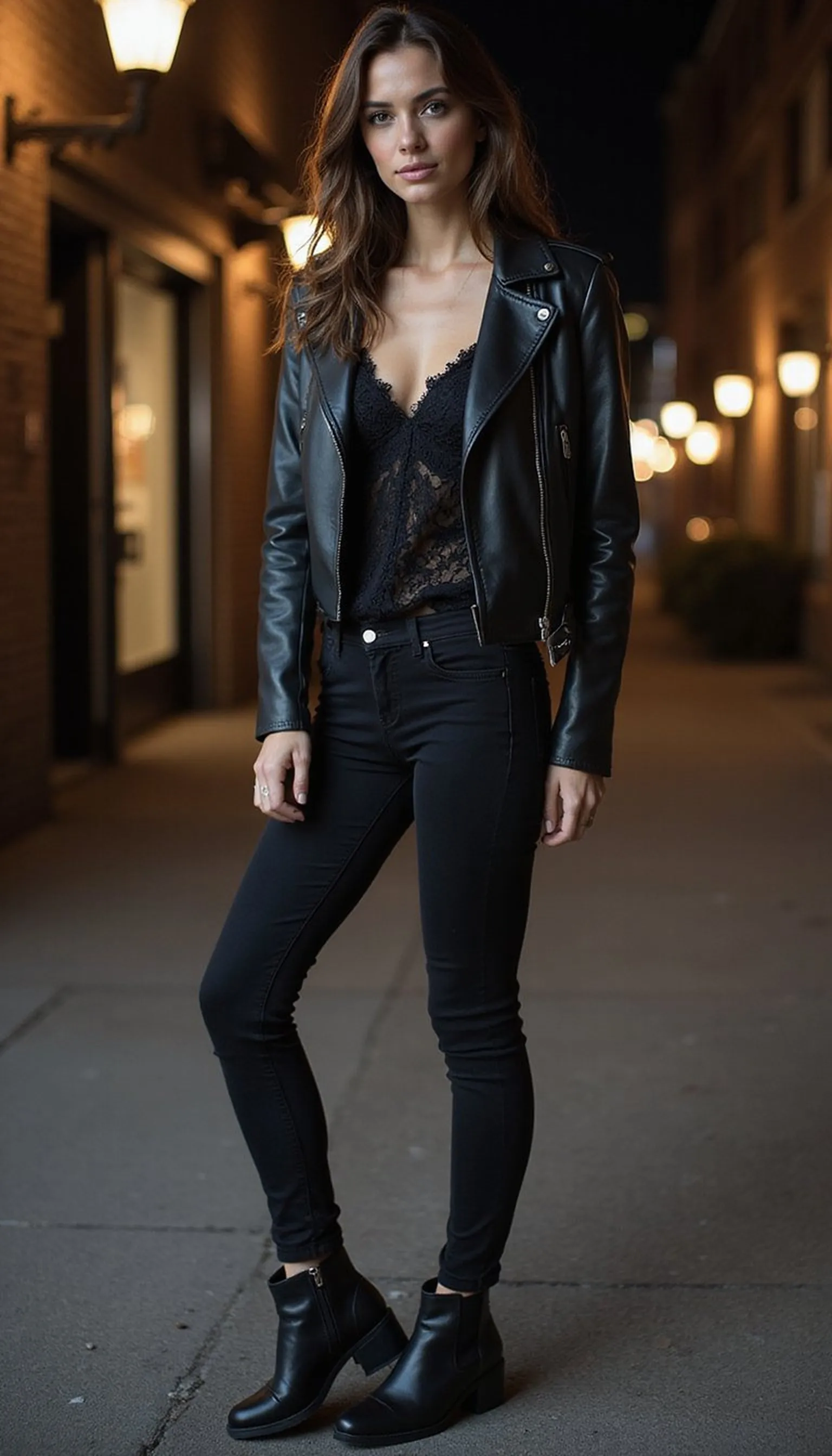 Leather moto jacket and lace top for edge