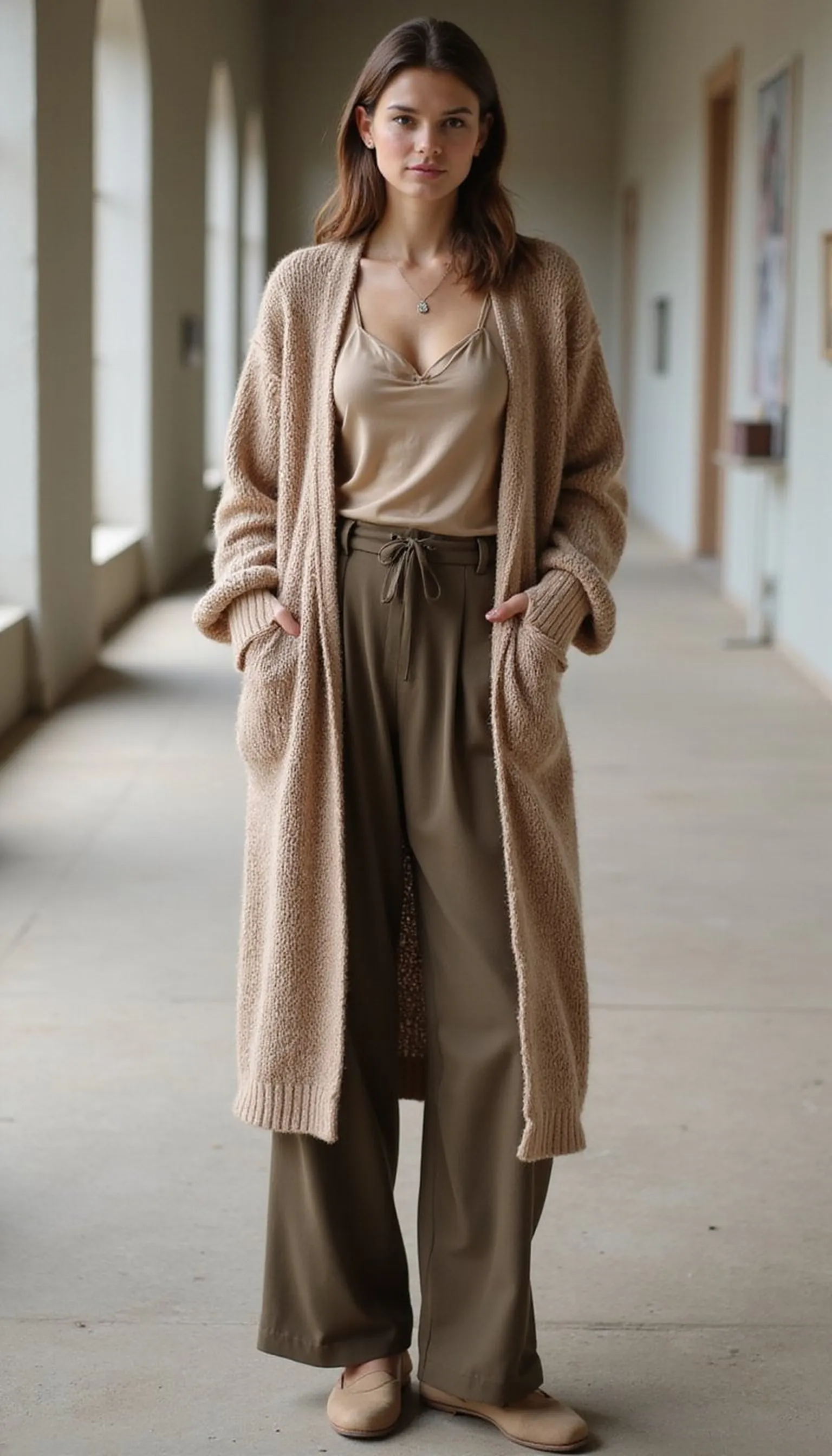 Silk camisole, long cardigan, and wide trousers