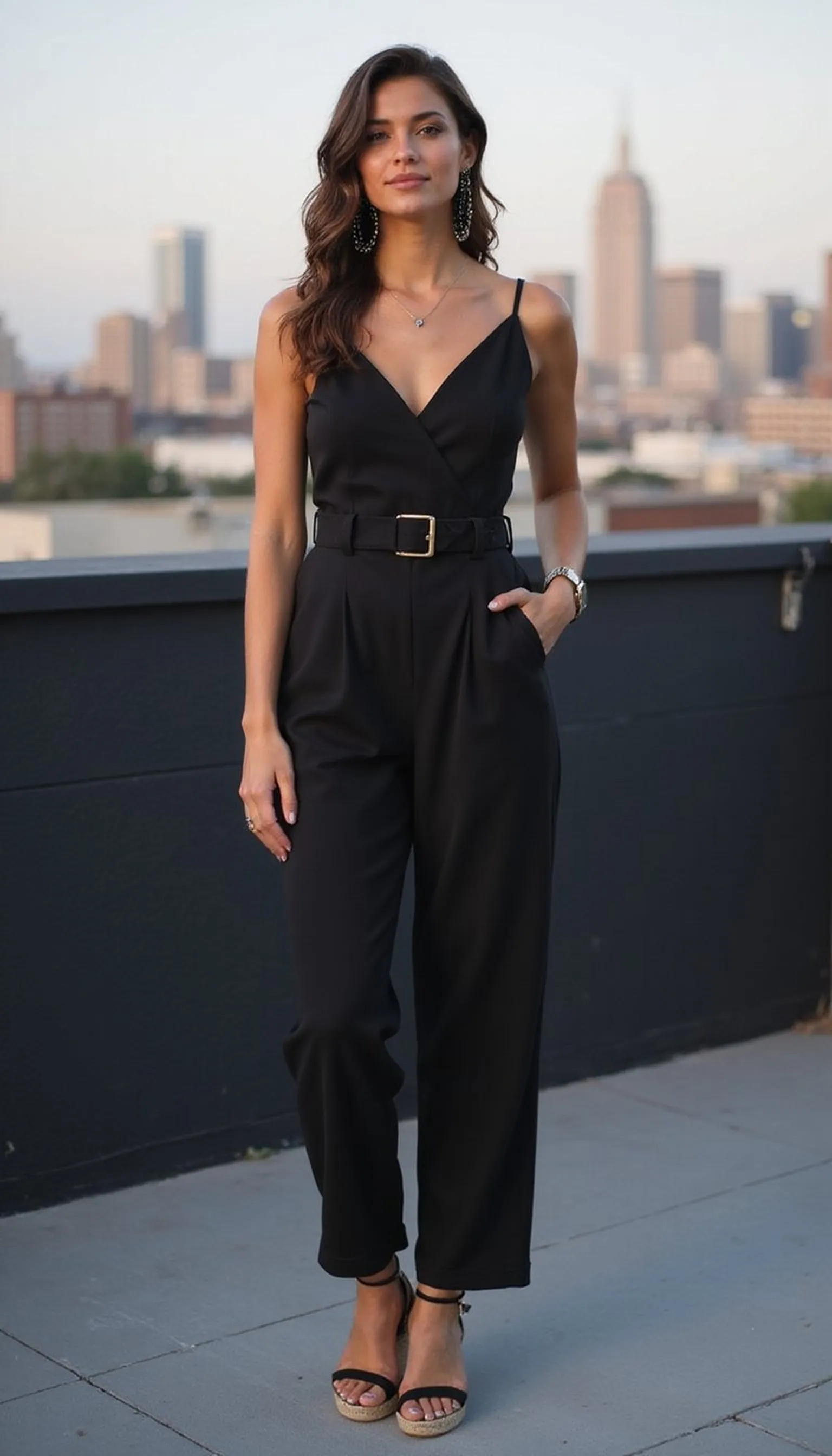 Tailored jumpsuit with statement jewelry