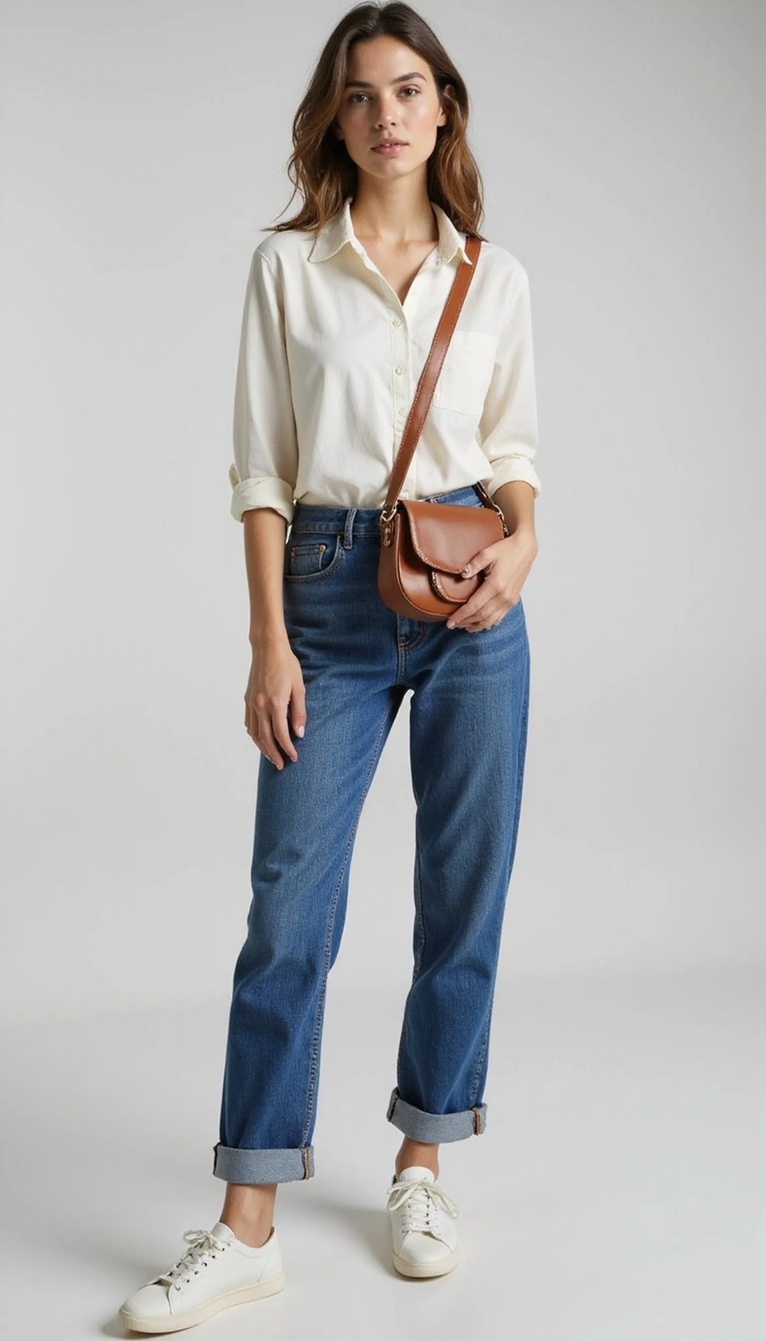 Button-up shirt with high-rise jeans — classic comfort