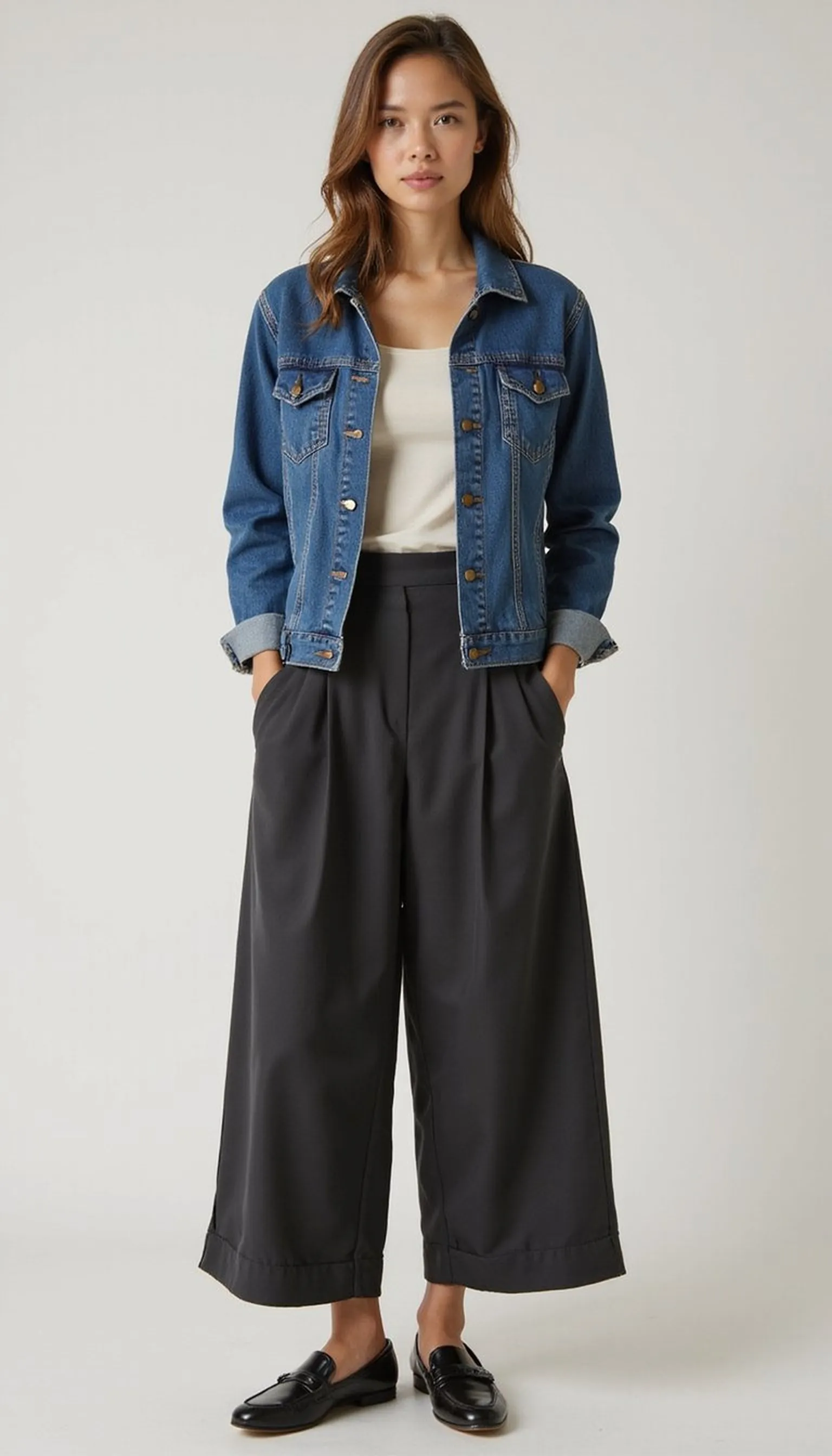 Denim jacket with culottes — playful proportions