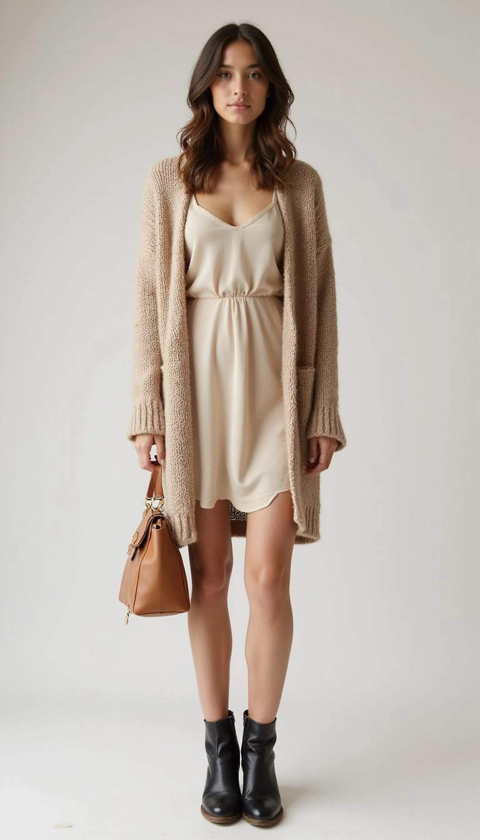 Oversized cardigan layered over a slip dress