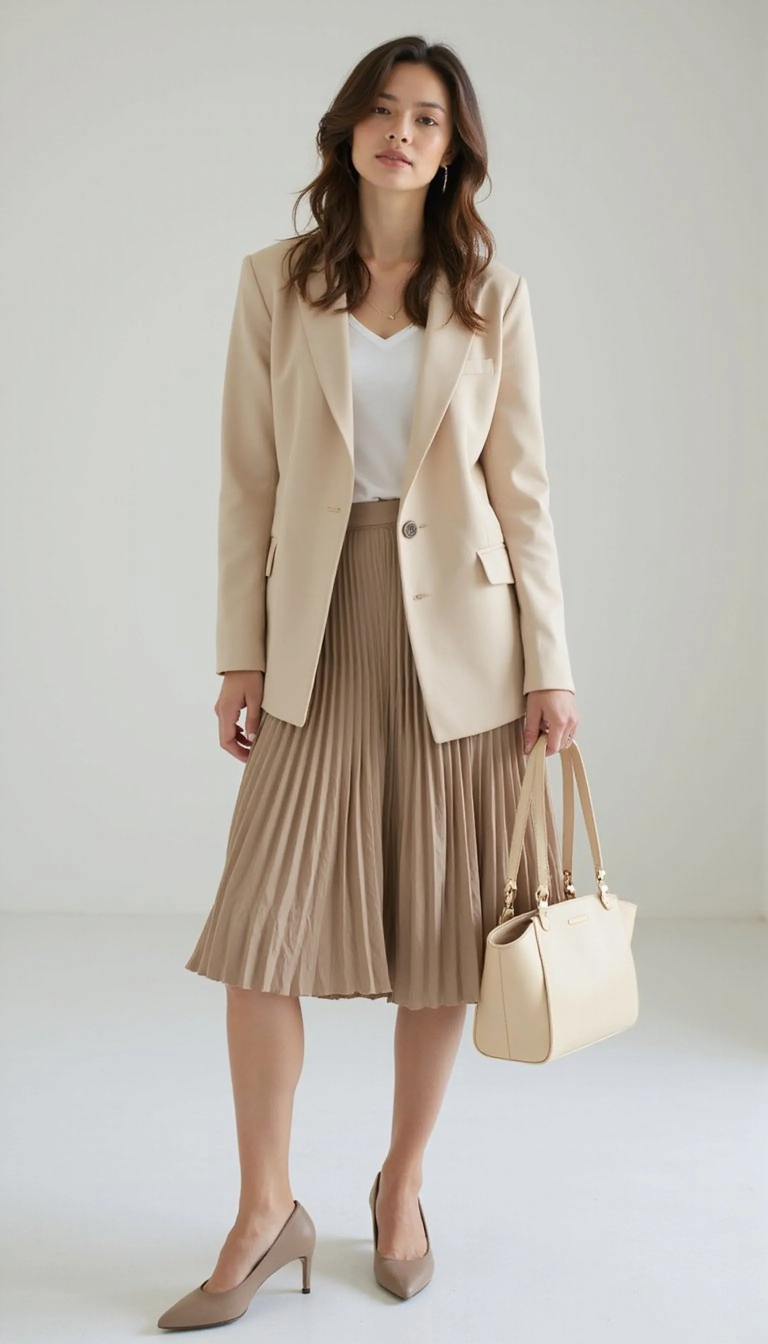 Pleated skirt with a soft blazer — feminine comfort