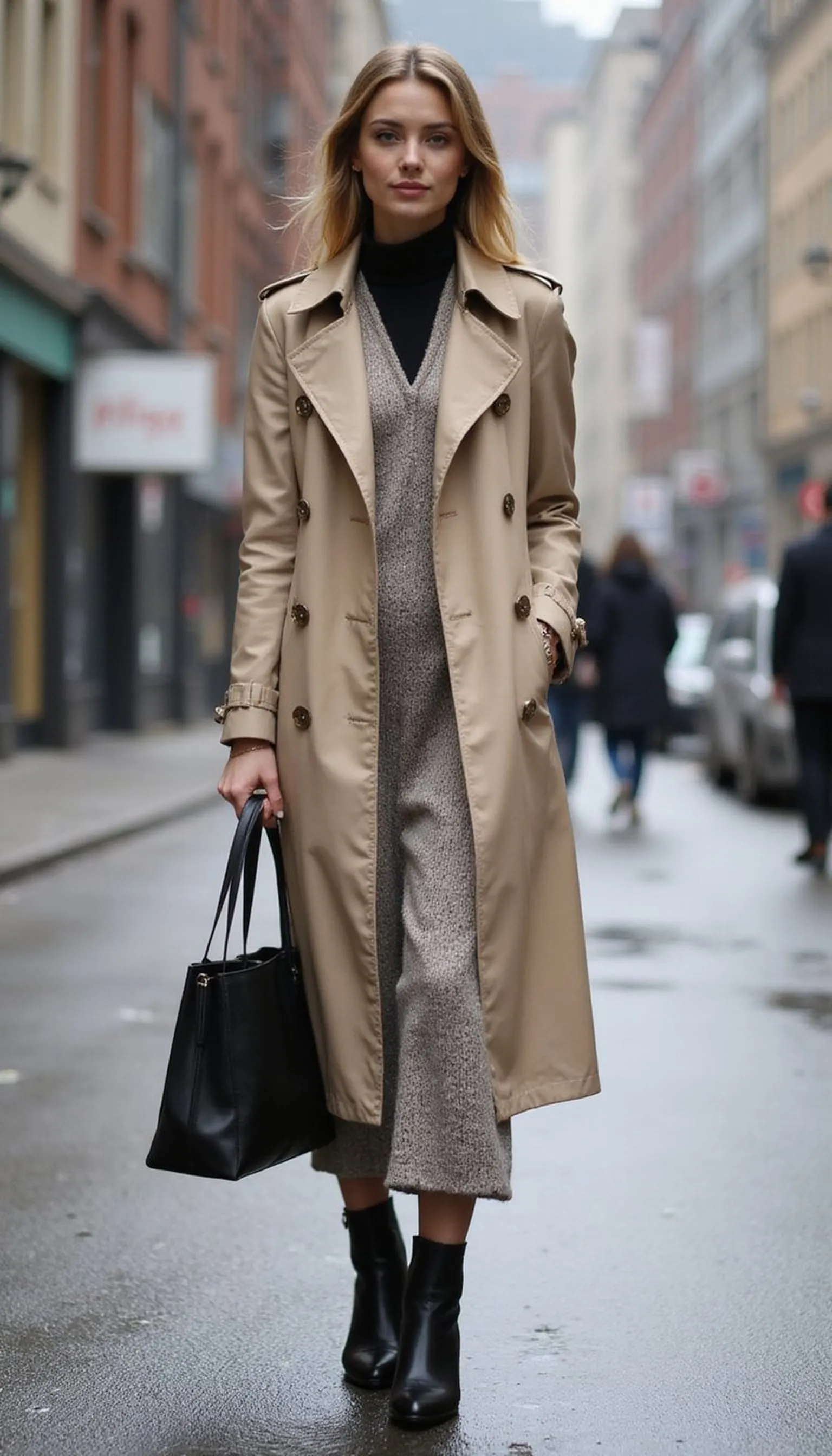 Trench coat over knit dress for rainy commutes