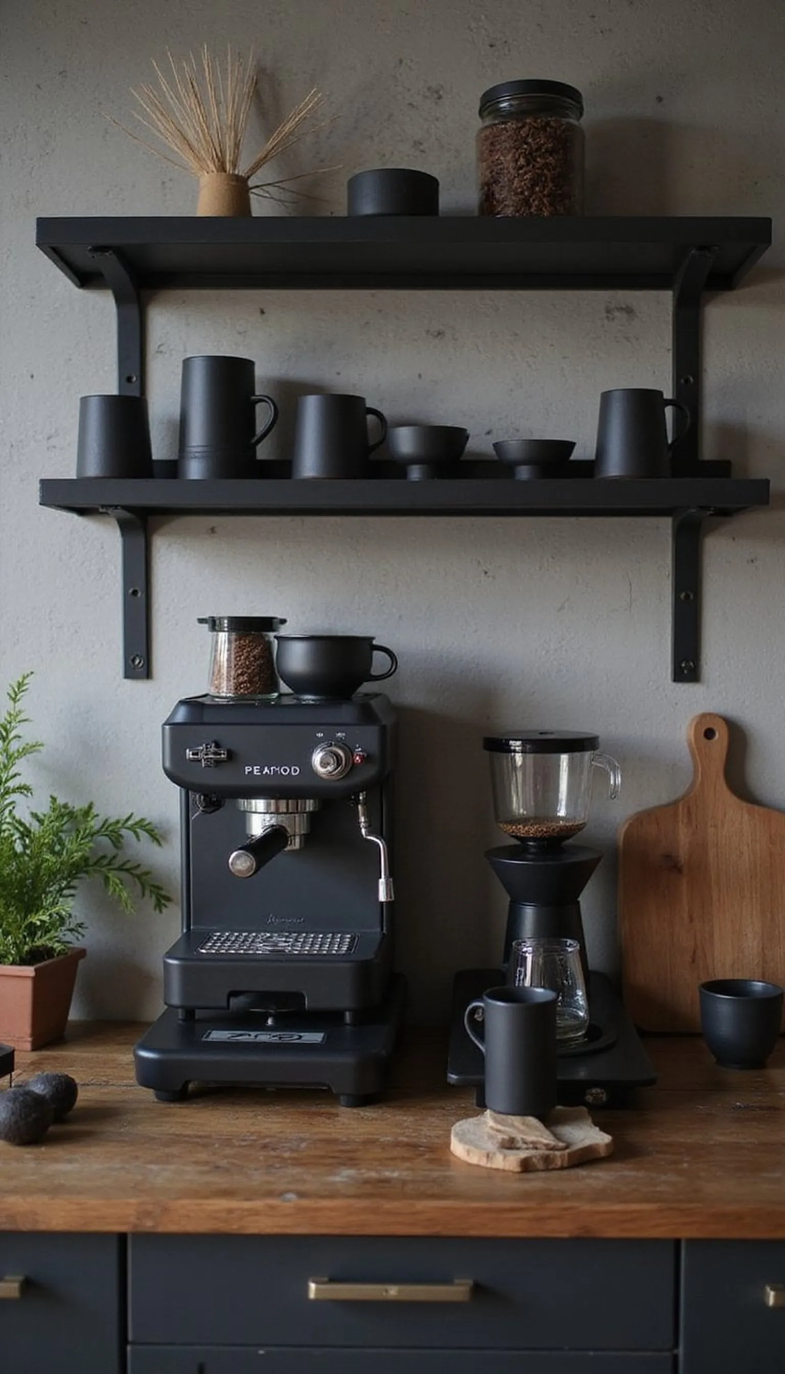 Bold black industrial shelf for espresso tools