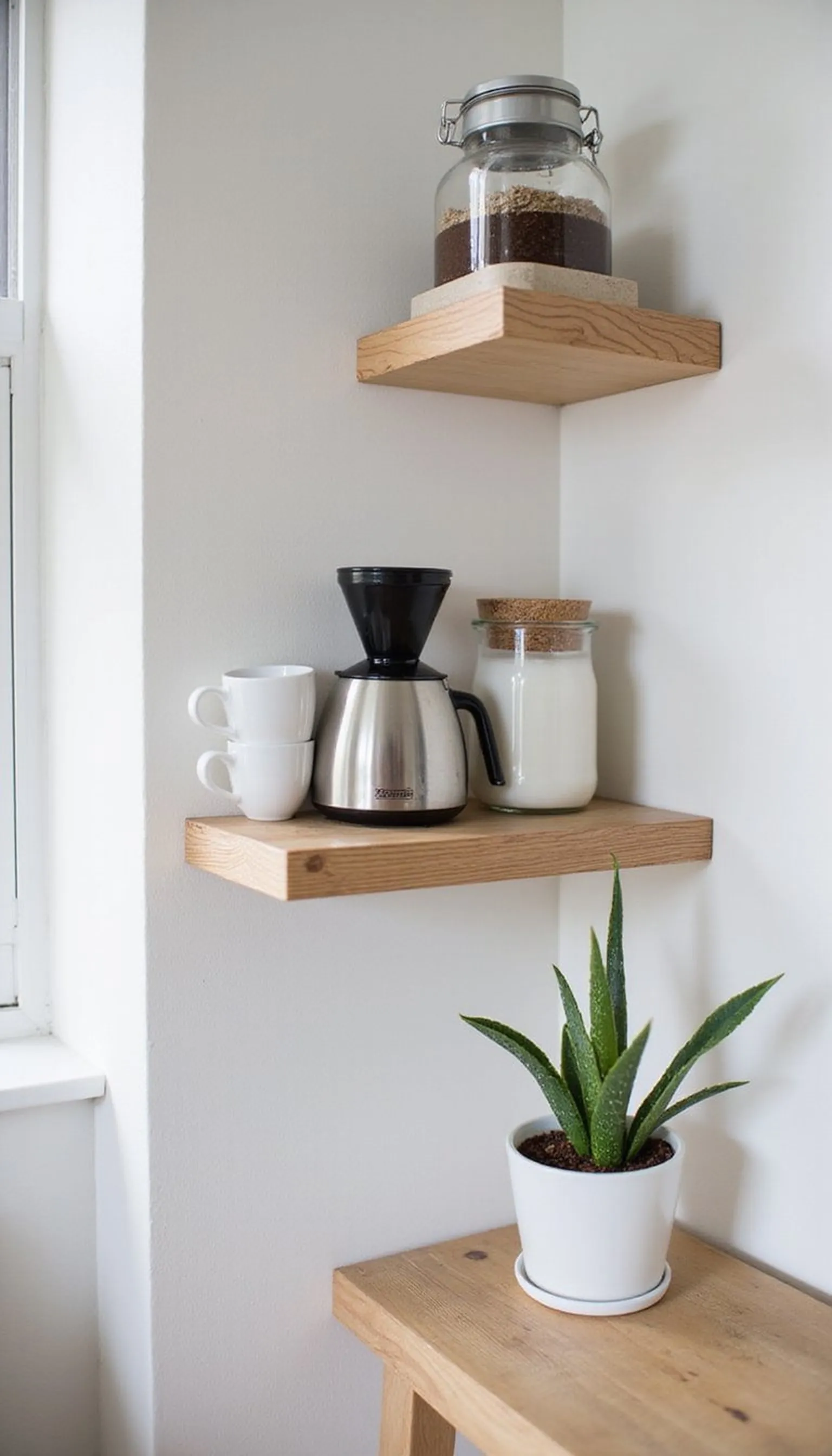 Compact corner coffee nook with floating shelf