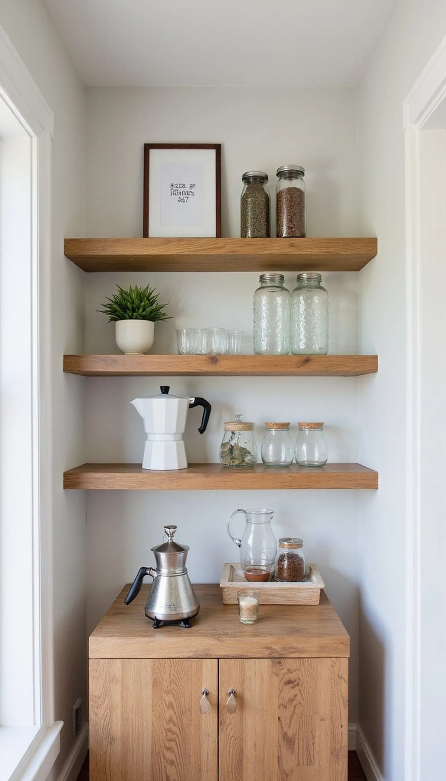 Open shelving gallery wall coffee setup
