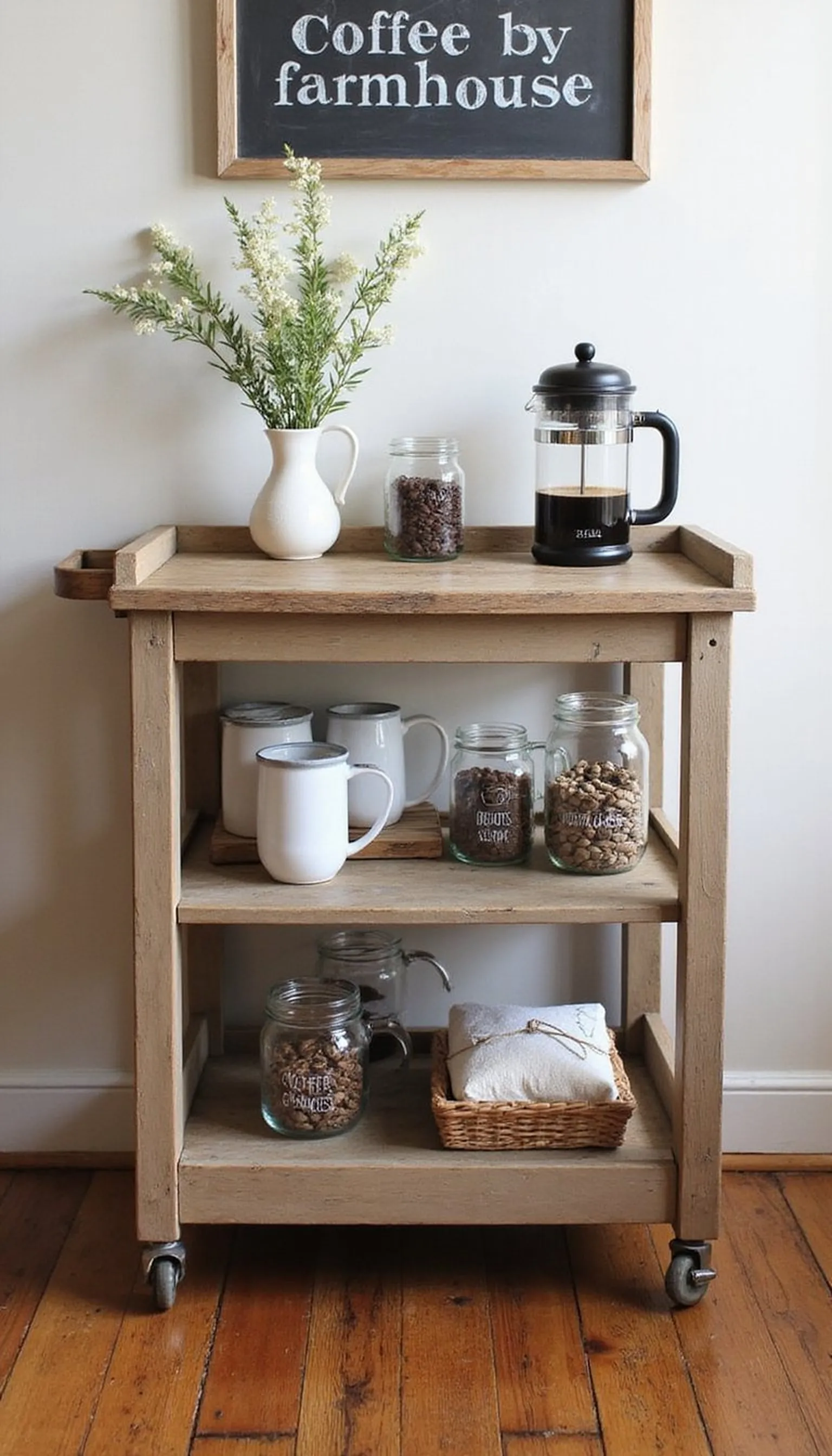 Rustic farmhouse cart with mason jar storage