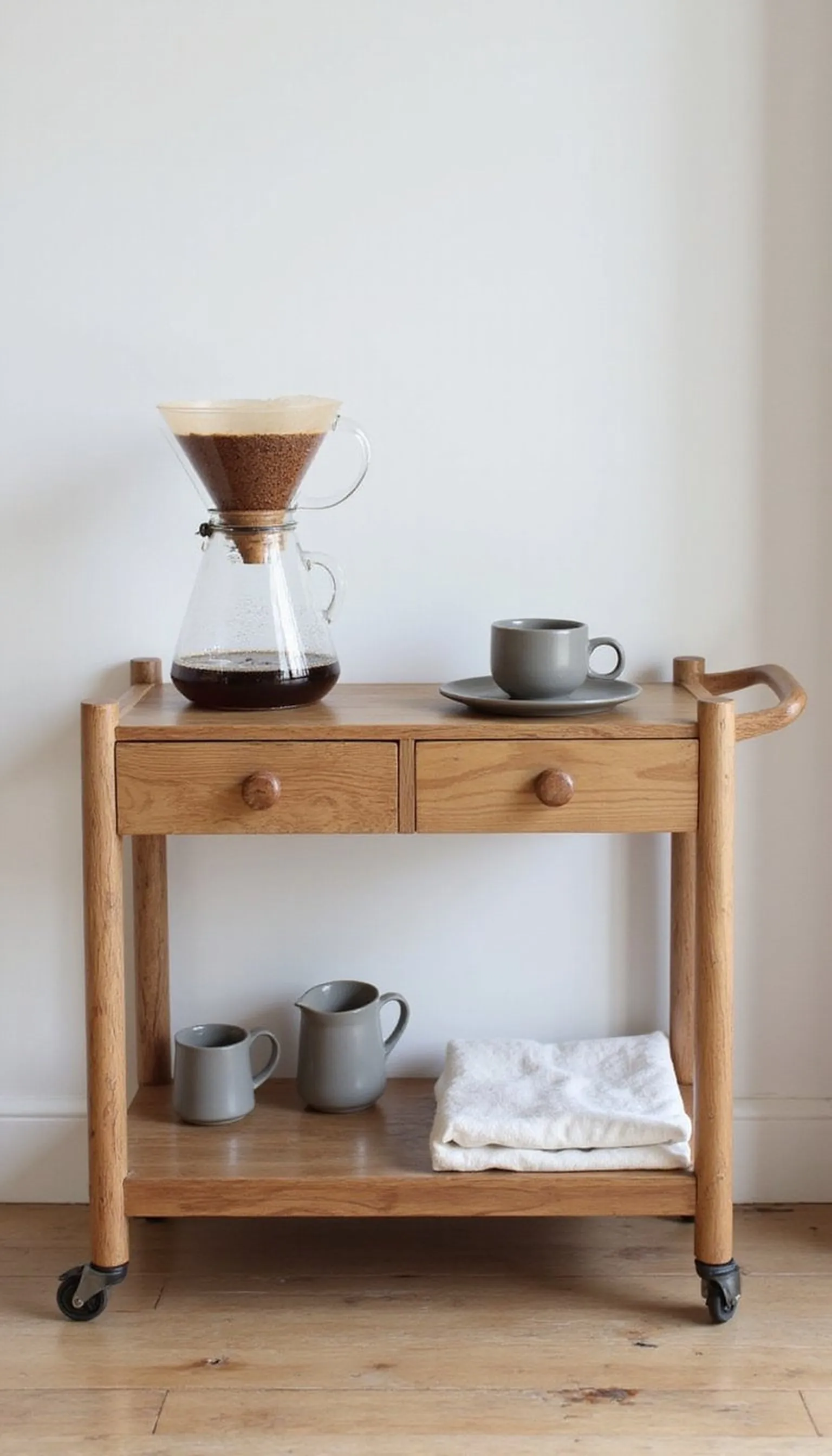 Scandi wood trolley with neutral ceramics
