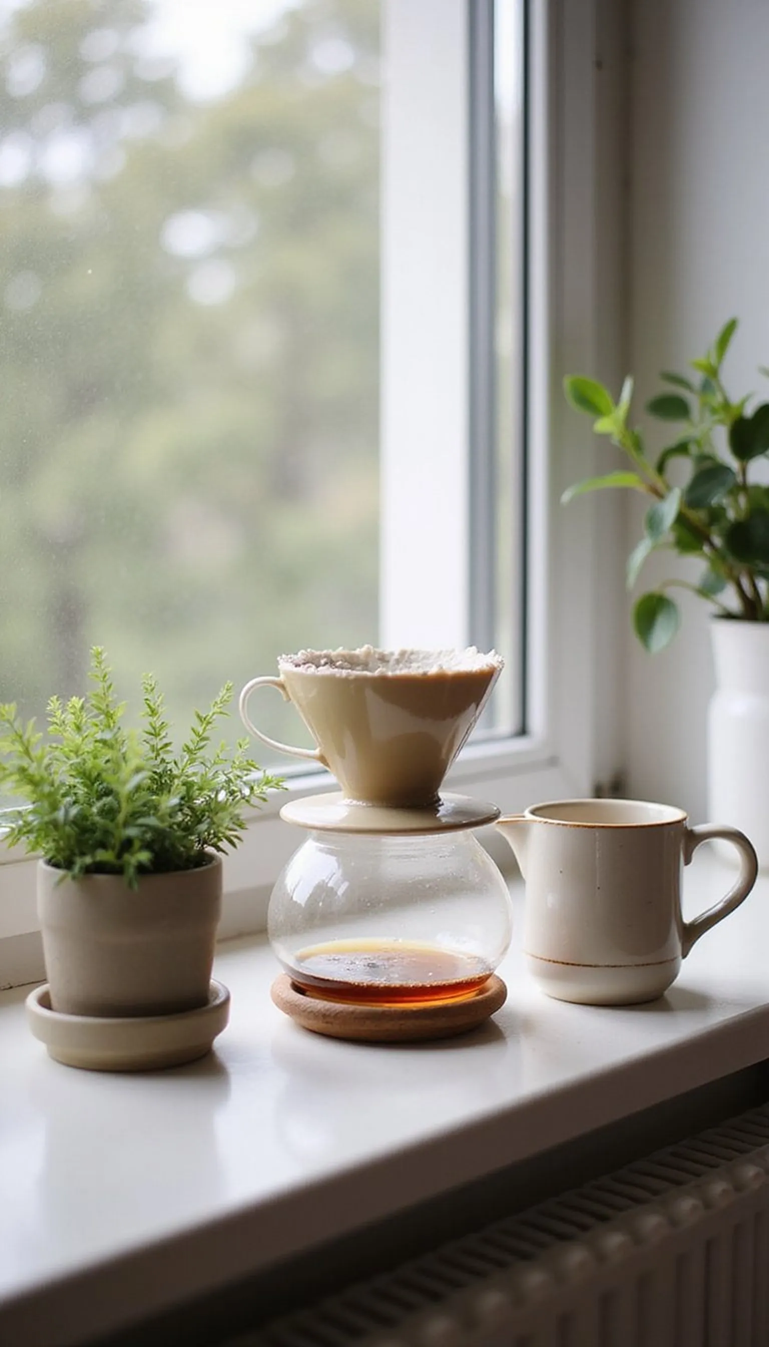 Tiny apartment windowsill brew setup