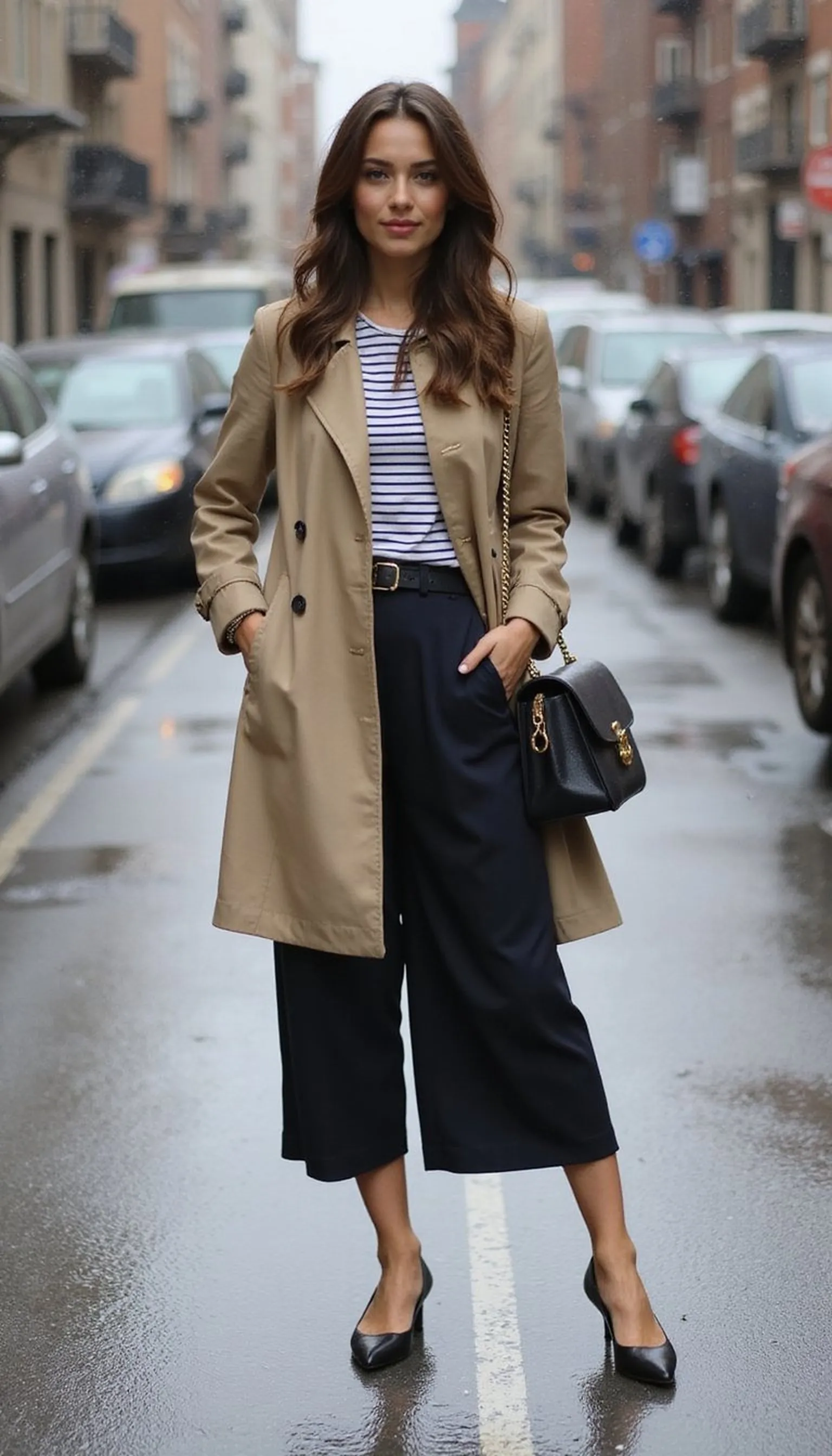 Trench Coat and Stripes for Rainy City Days