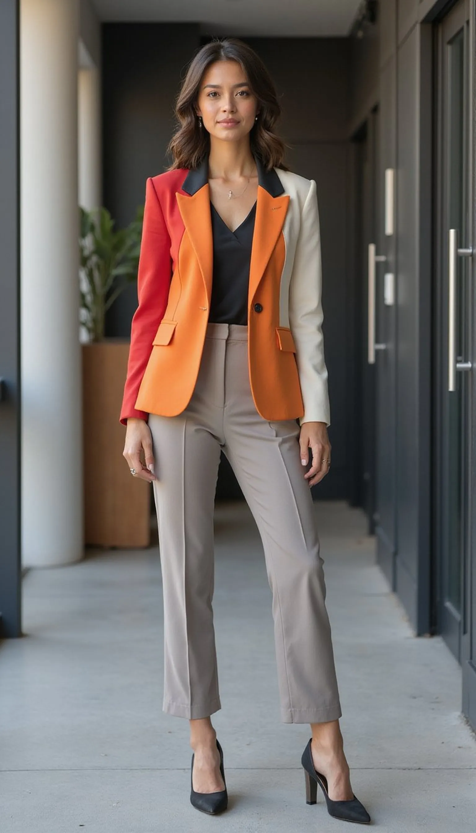 Color-block blazer with neutral trousers