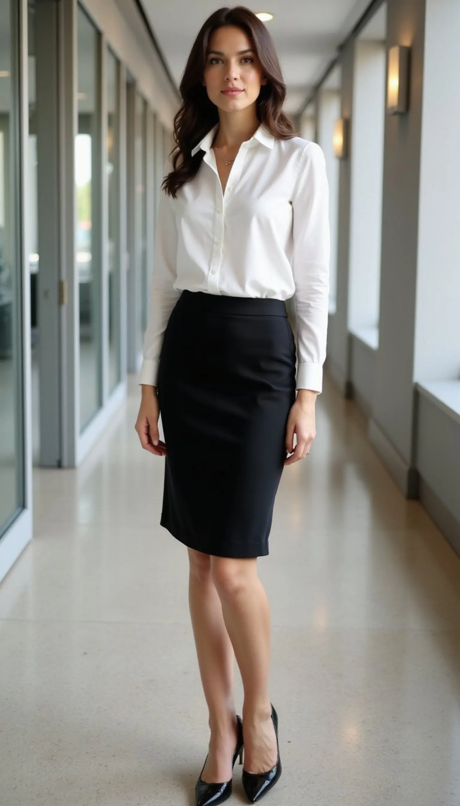 Crisp white button-down with pencil skirt