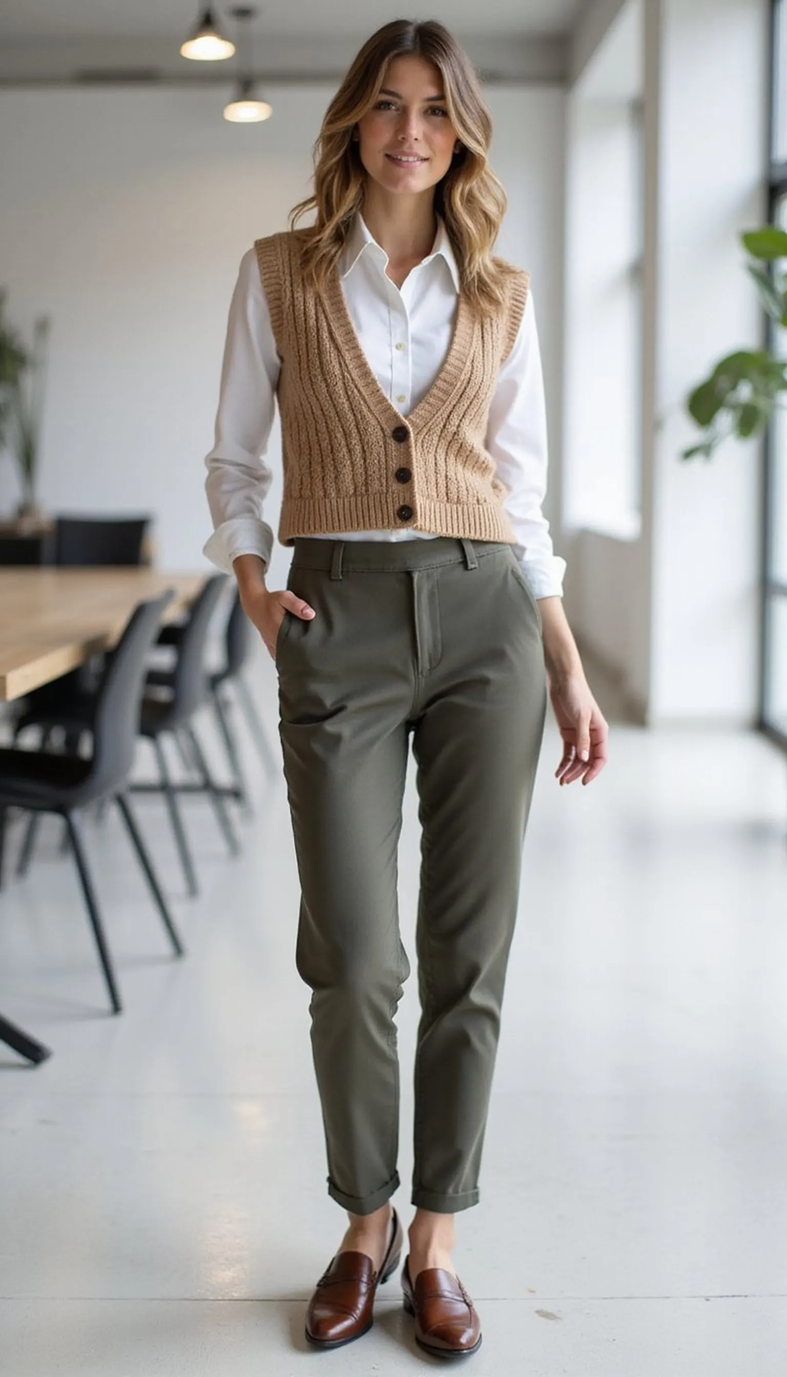 Cropped knit vest layered over button-down