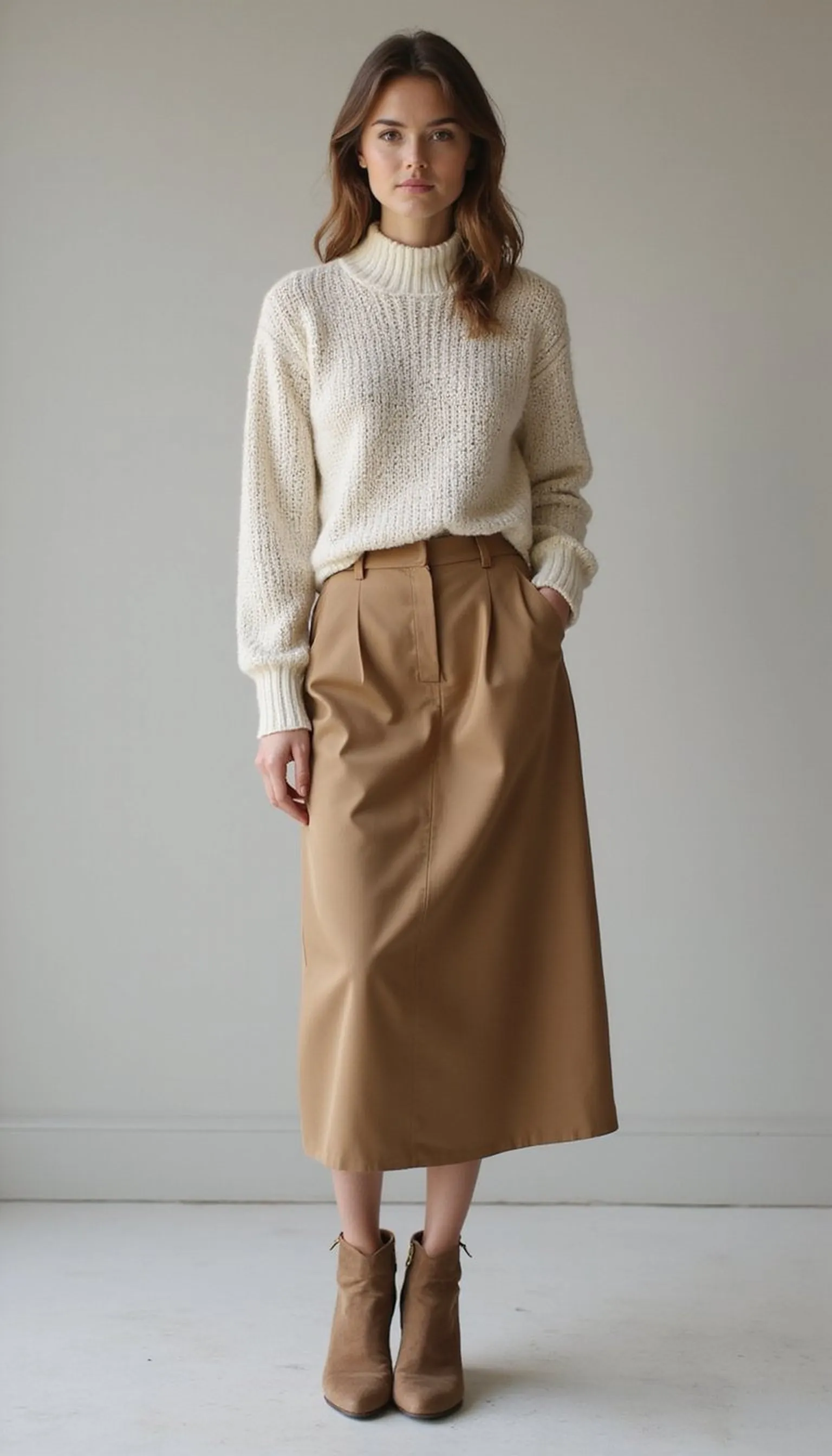 Silk midi skirt with soft knit sweater
