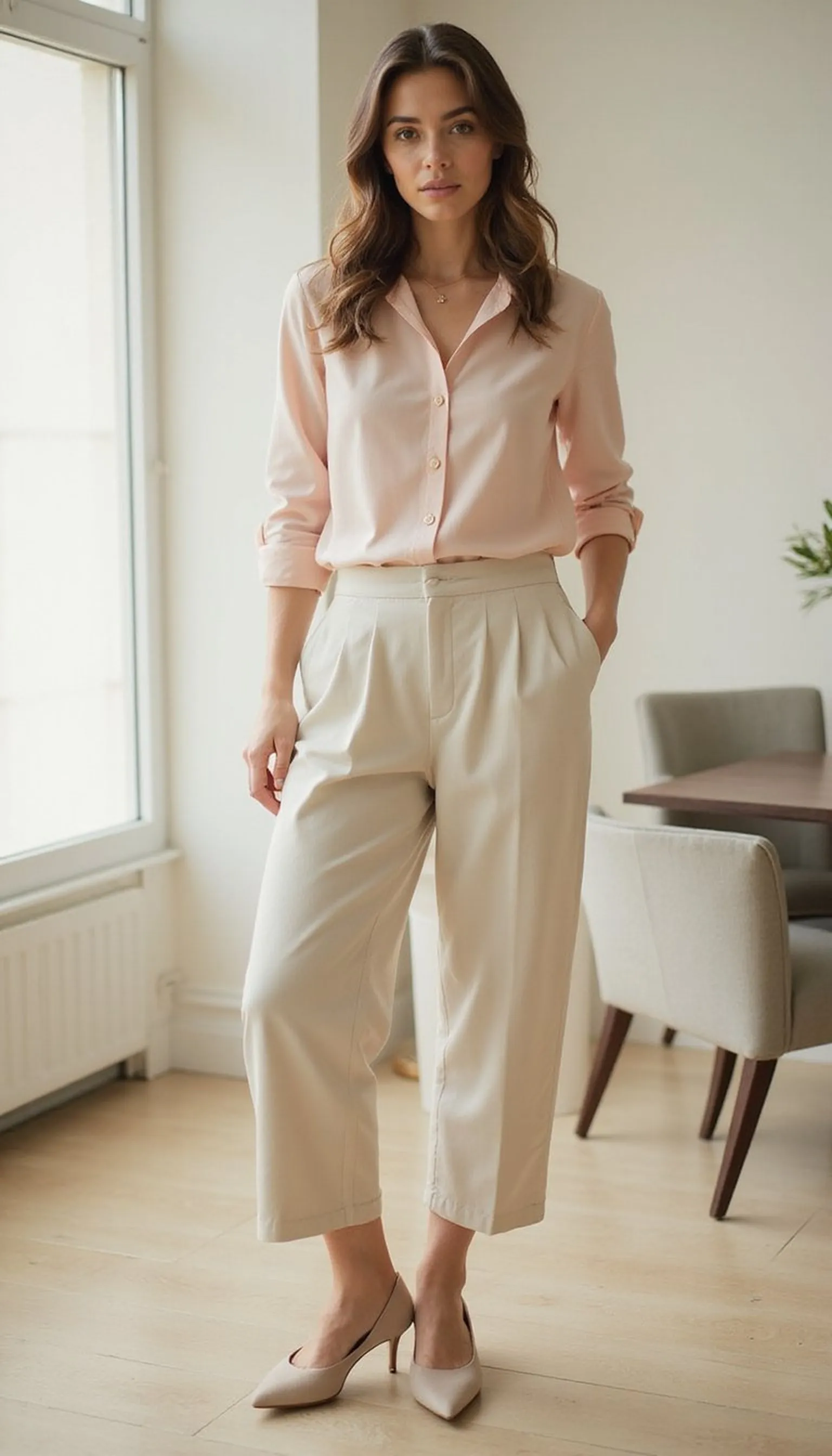 Soft pastel blouse and tailored culottes combo