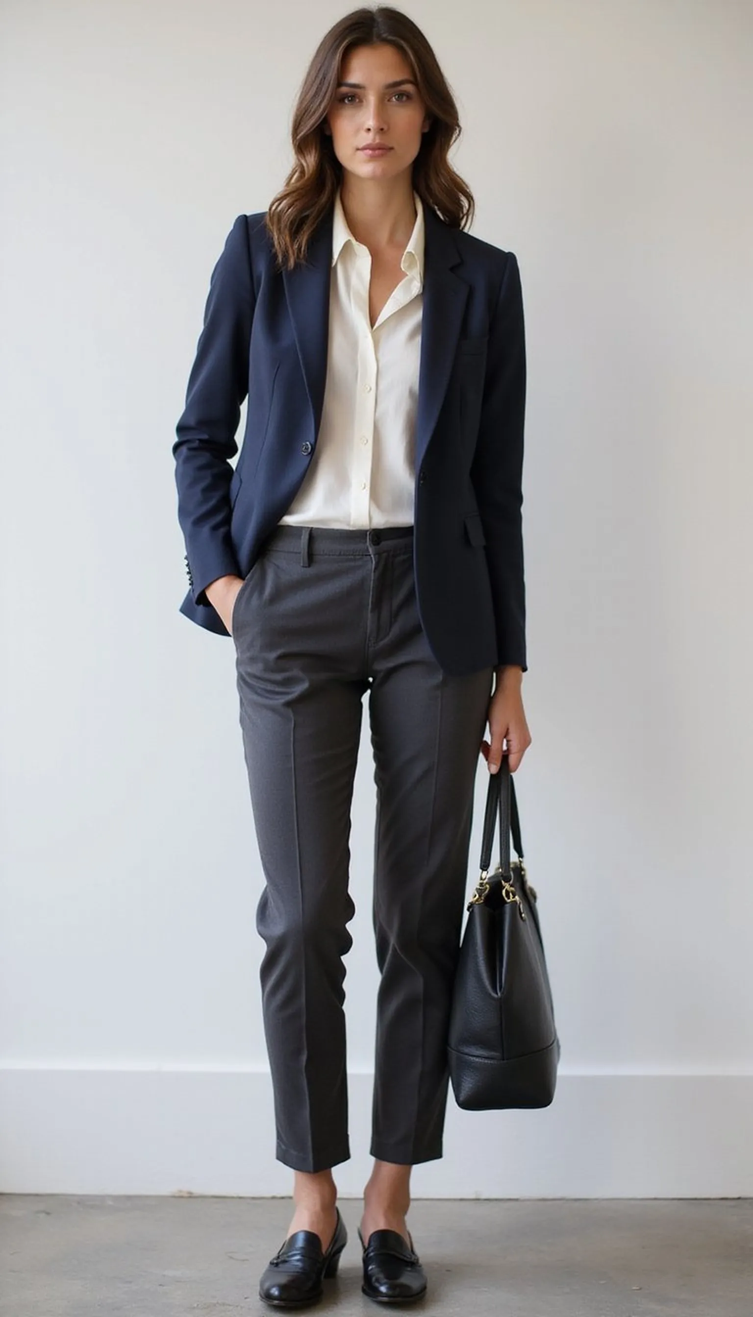 Tailored navy blazer and slim trousers
