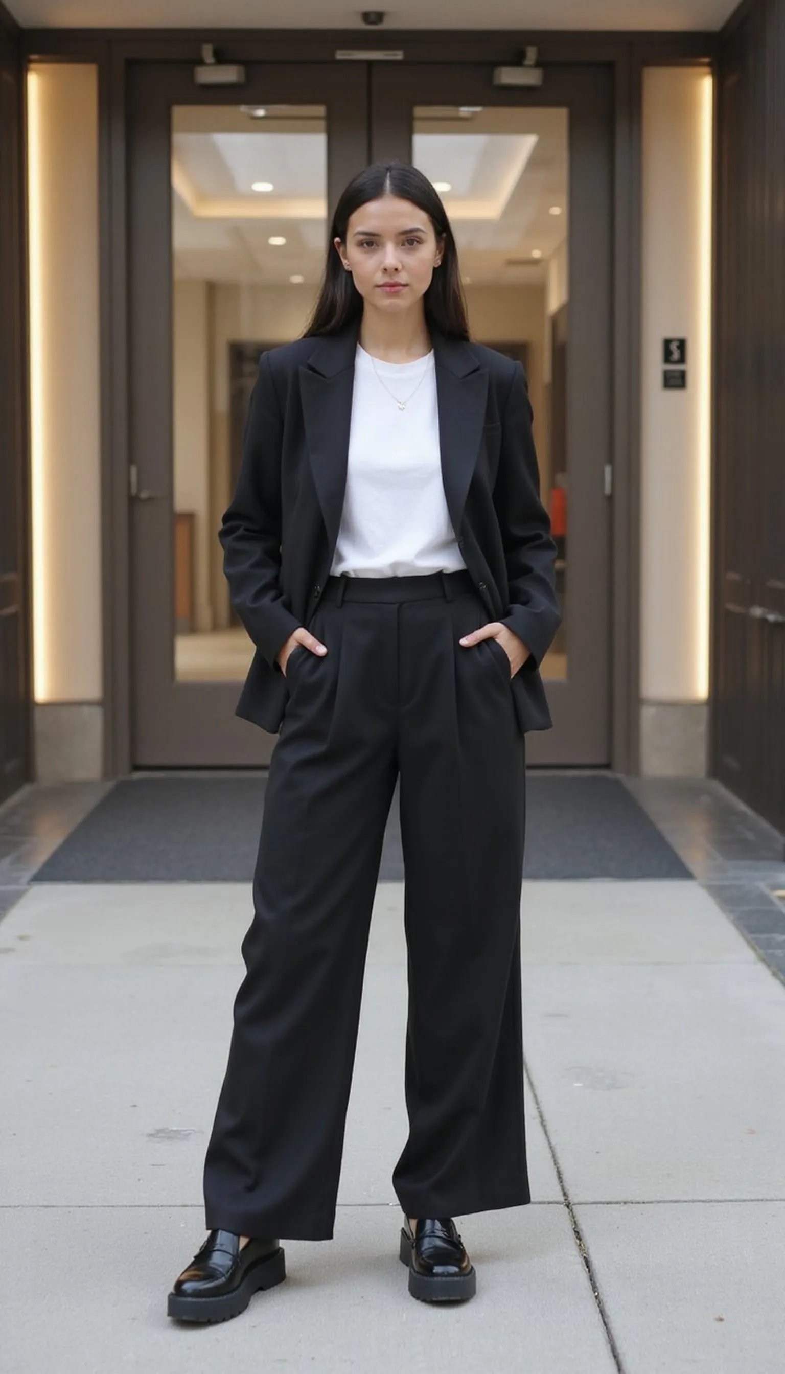 Wide-leg trousers with fitted blazer and tee