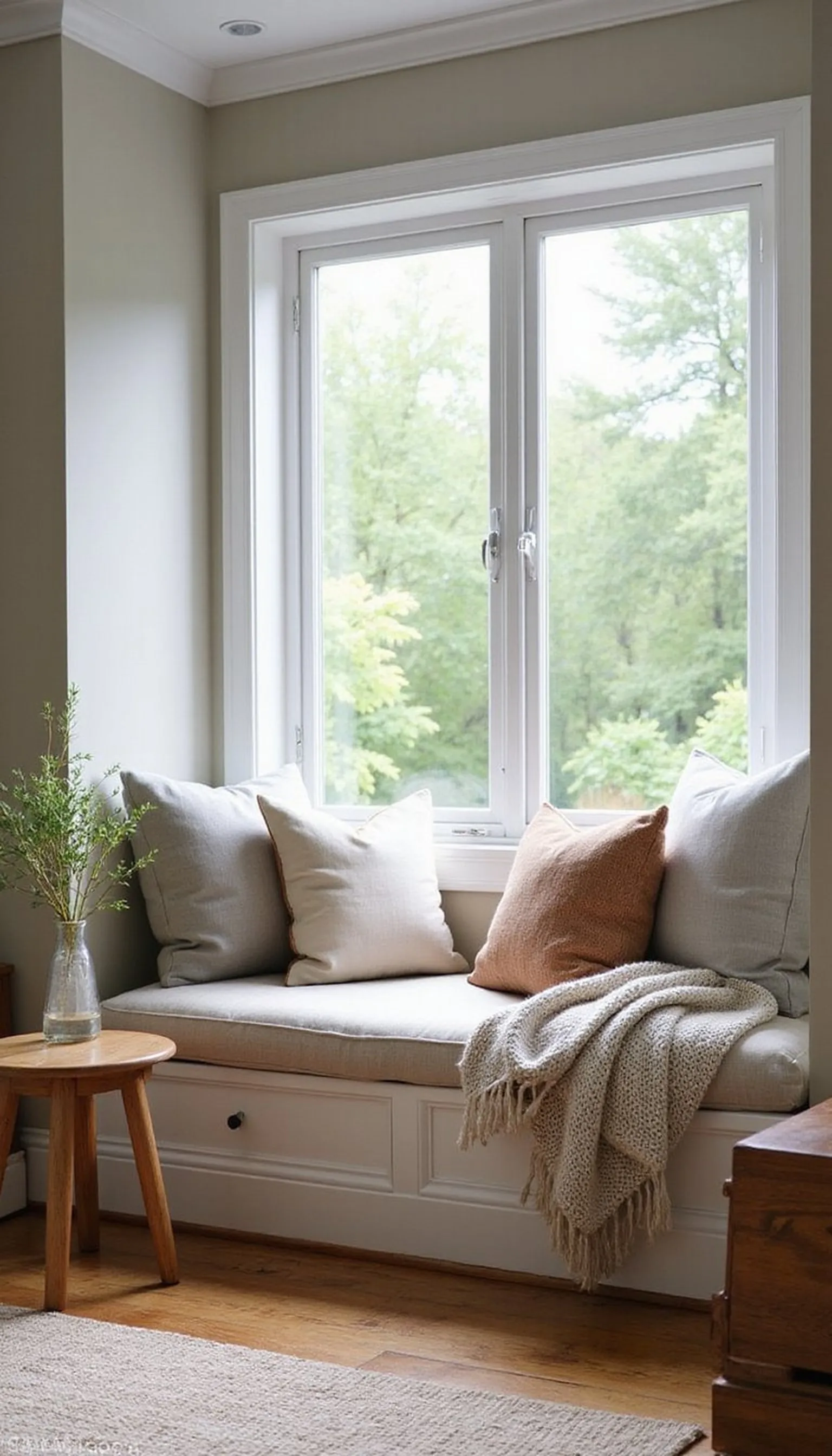 Cozy window seat nook for family reading