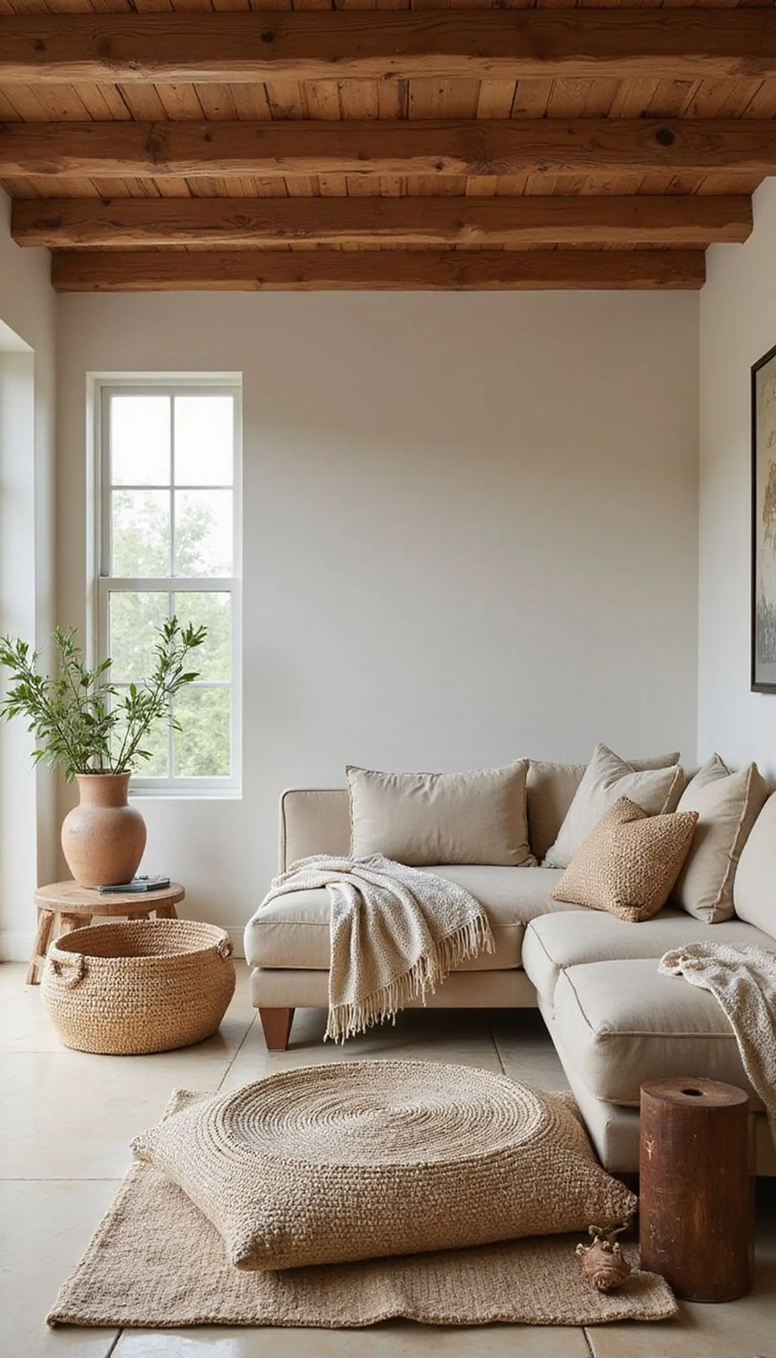 Rustic beams and soft textiles together