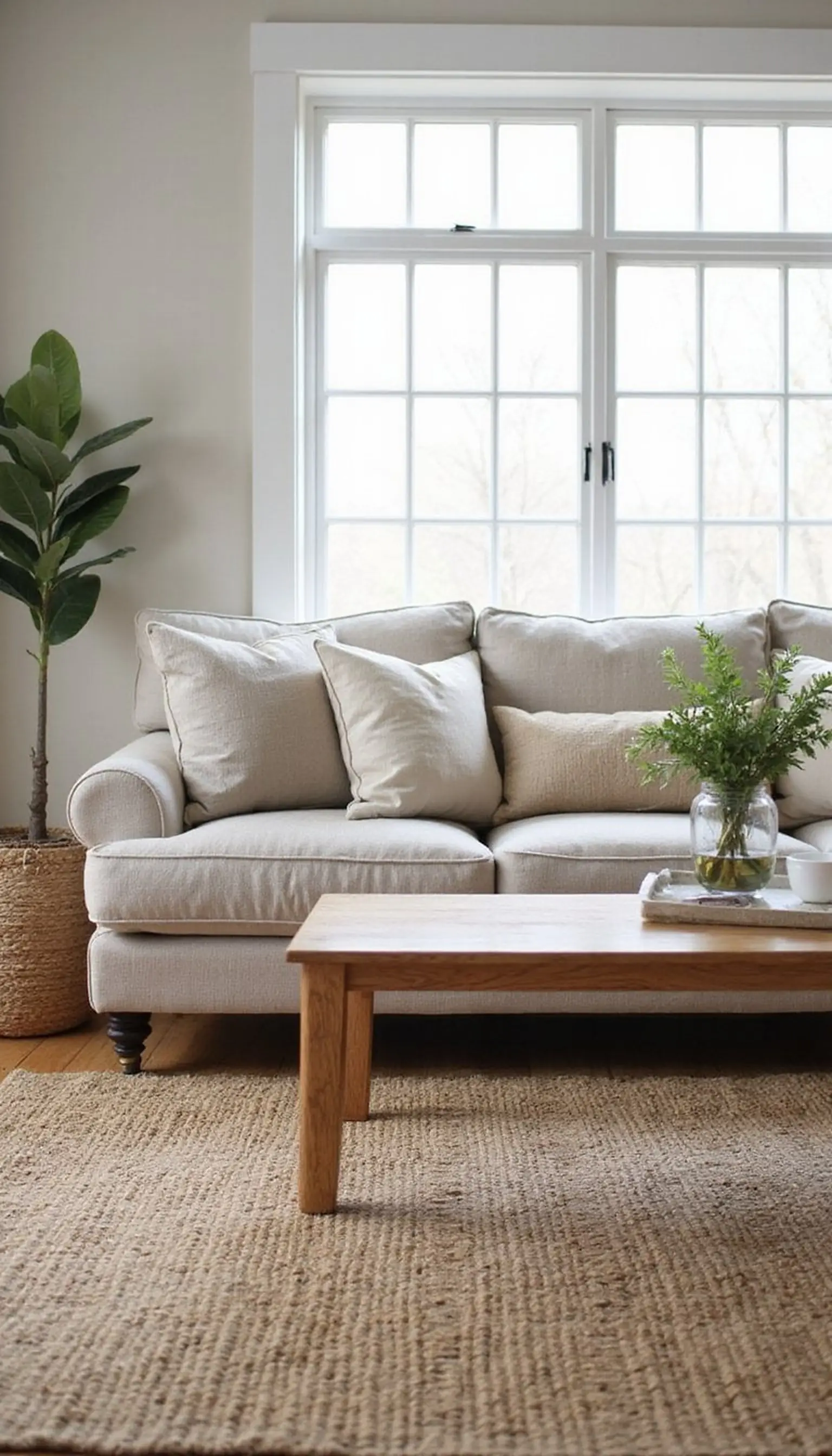 Warm neutral sofa with layered rugs