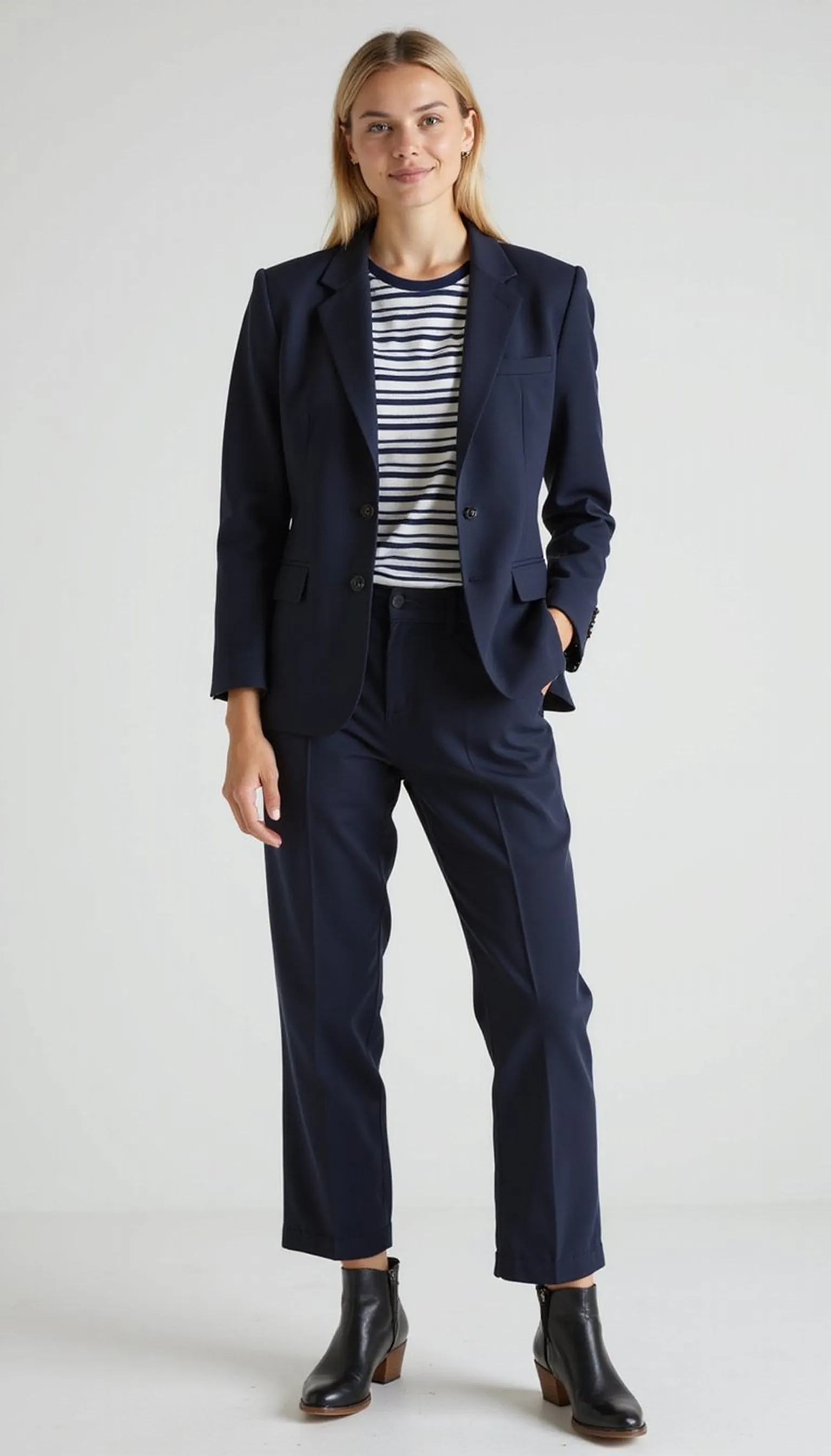 Blazer over a striped tee for casual polish