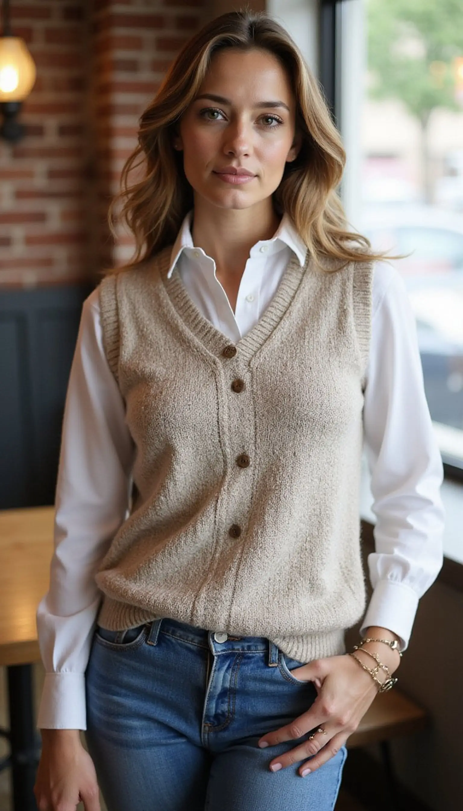 Casual knit vest layered over a shirt