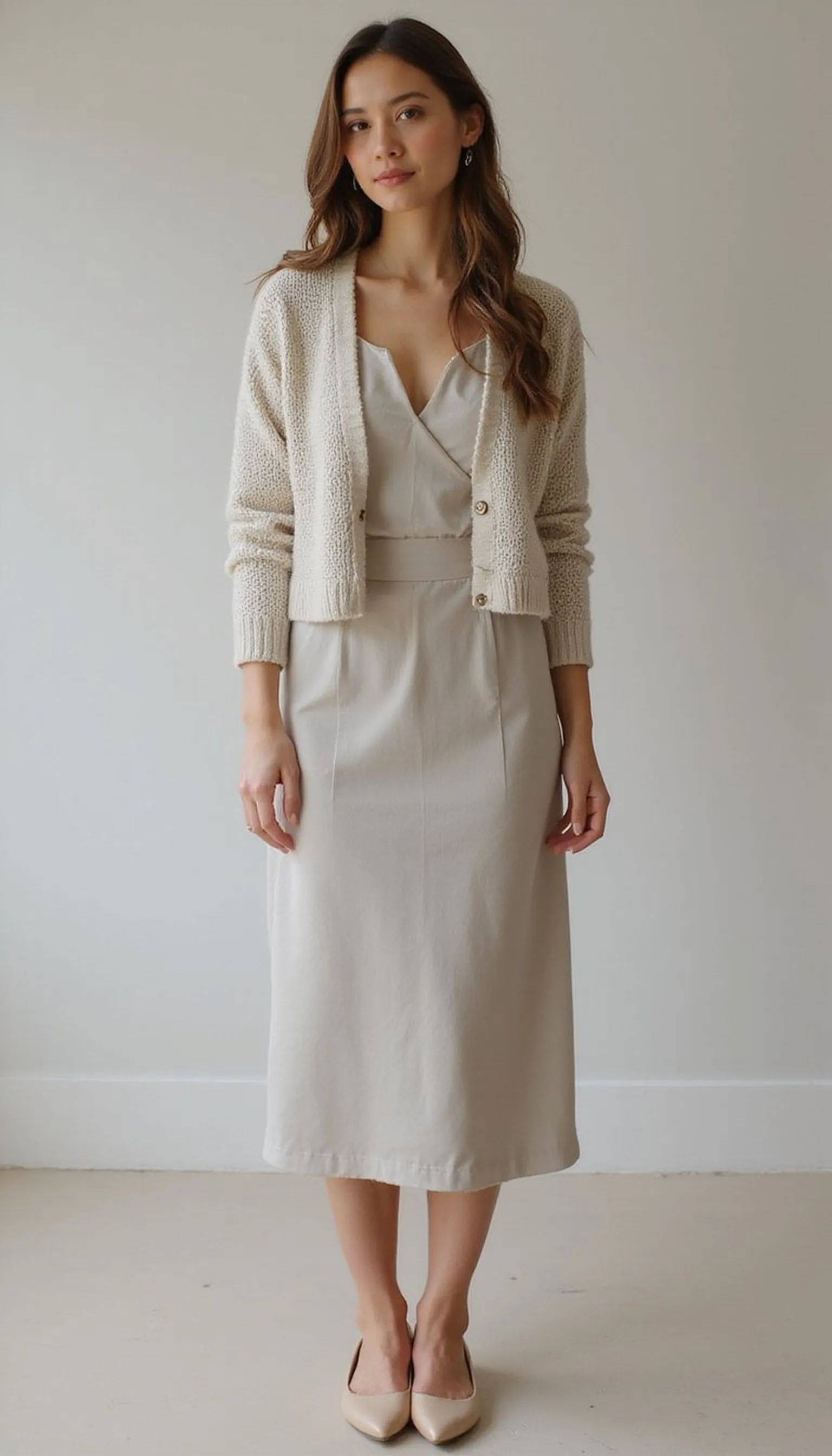 Cropped cardigan over a midi dress: sweet and tidy