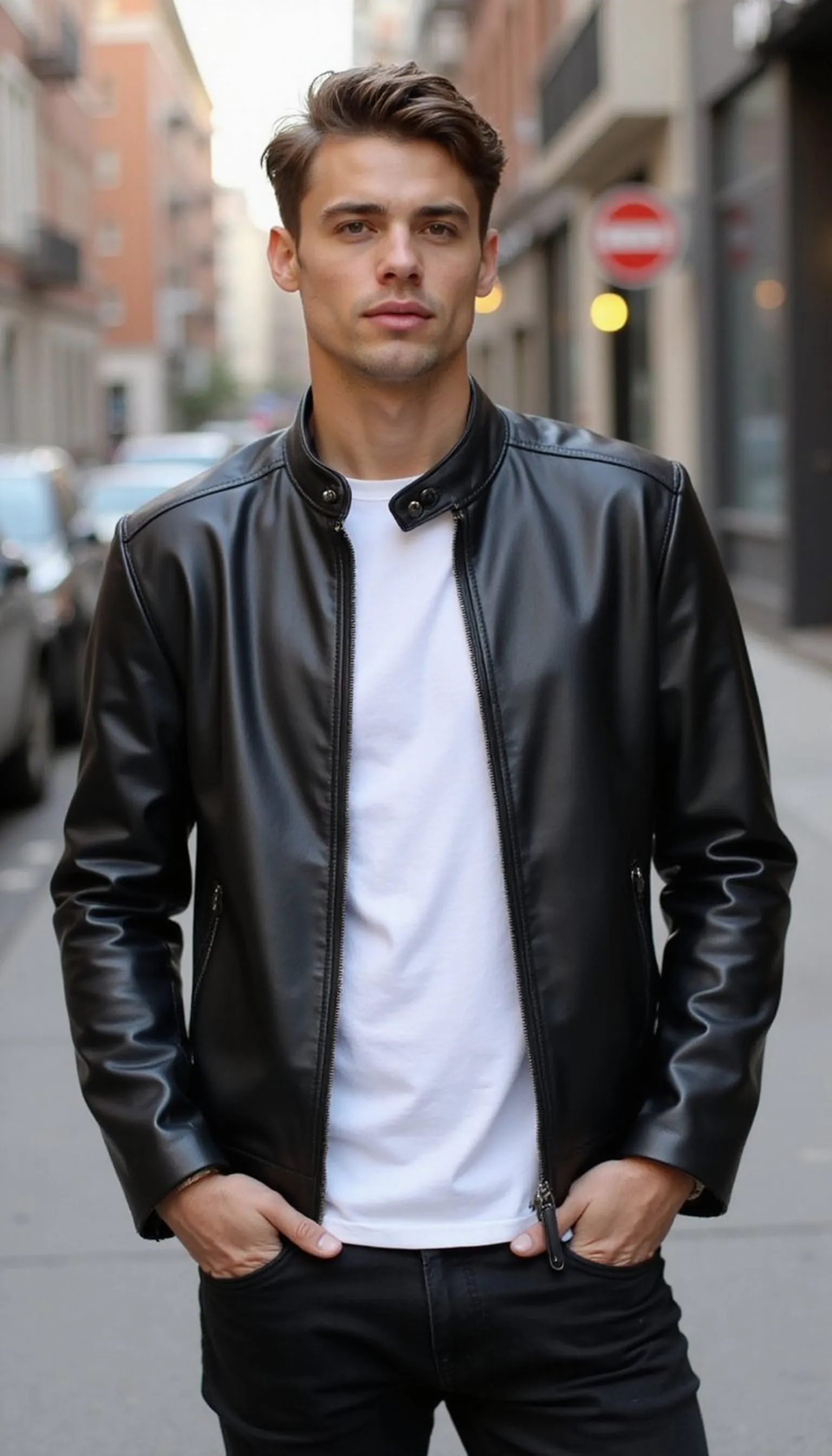 Leather jacket and black jeans: quiet edge
