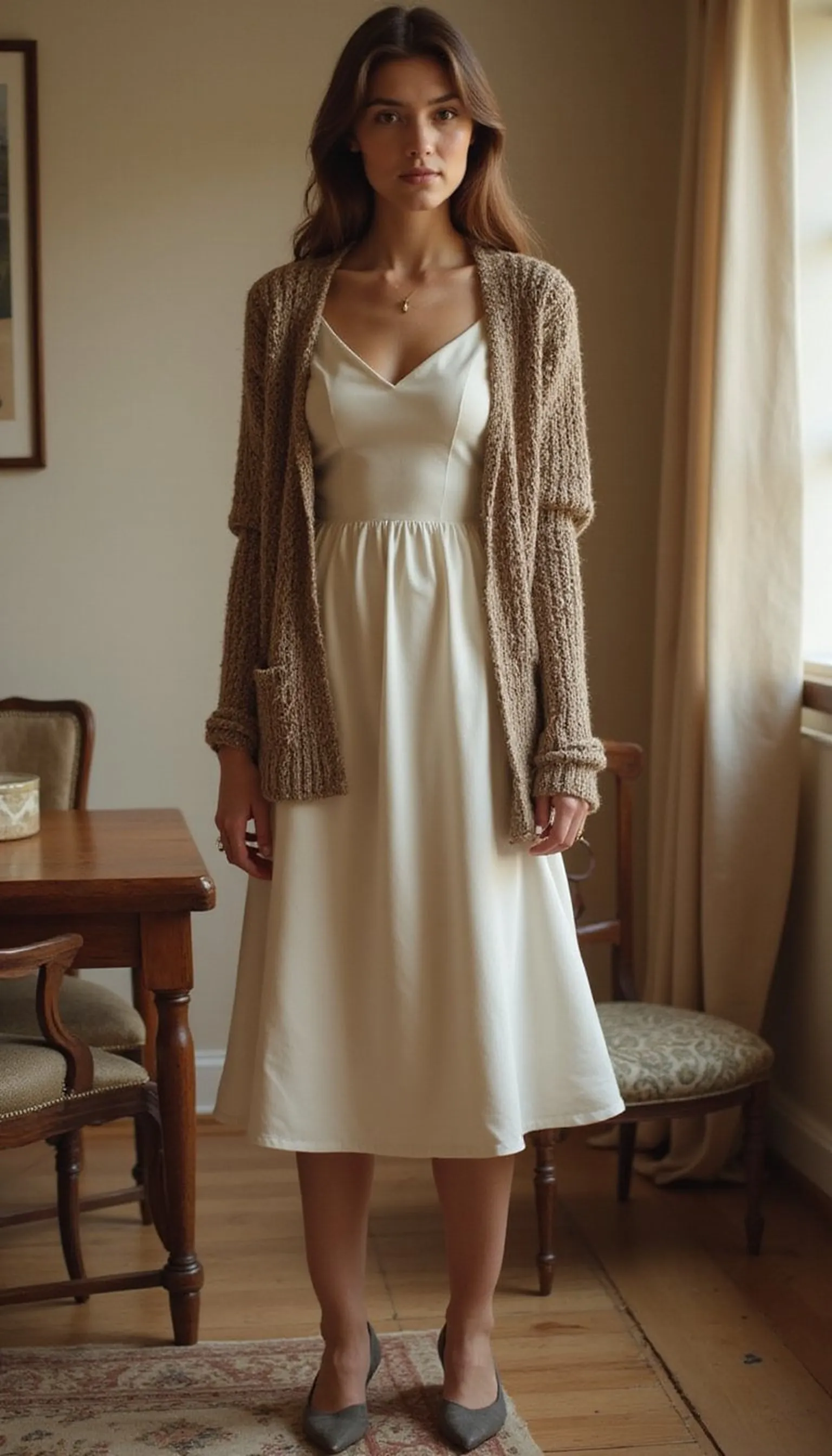 Slip dress with a soft cardigan for day-to-night