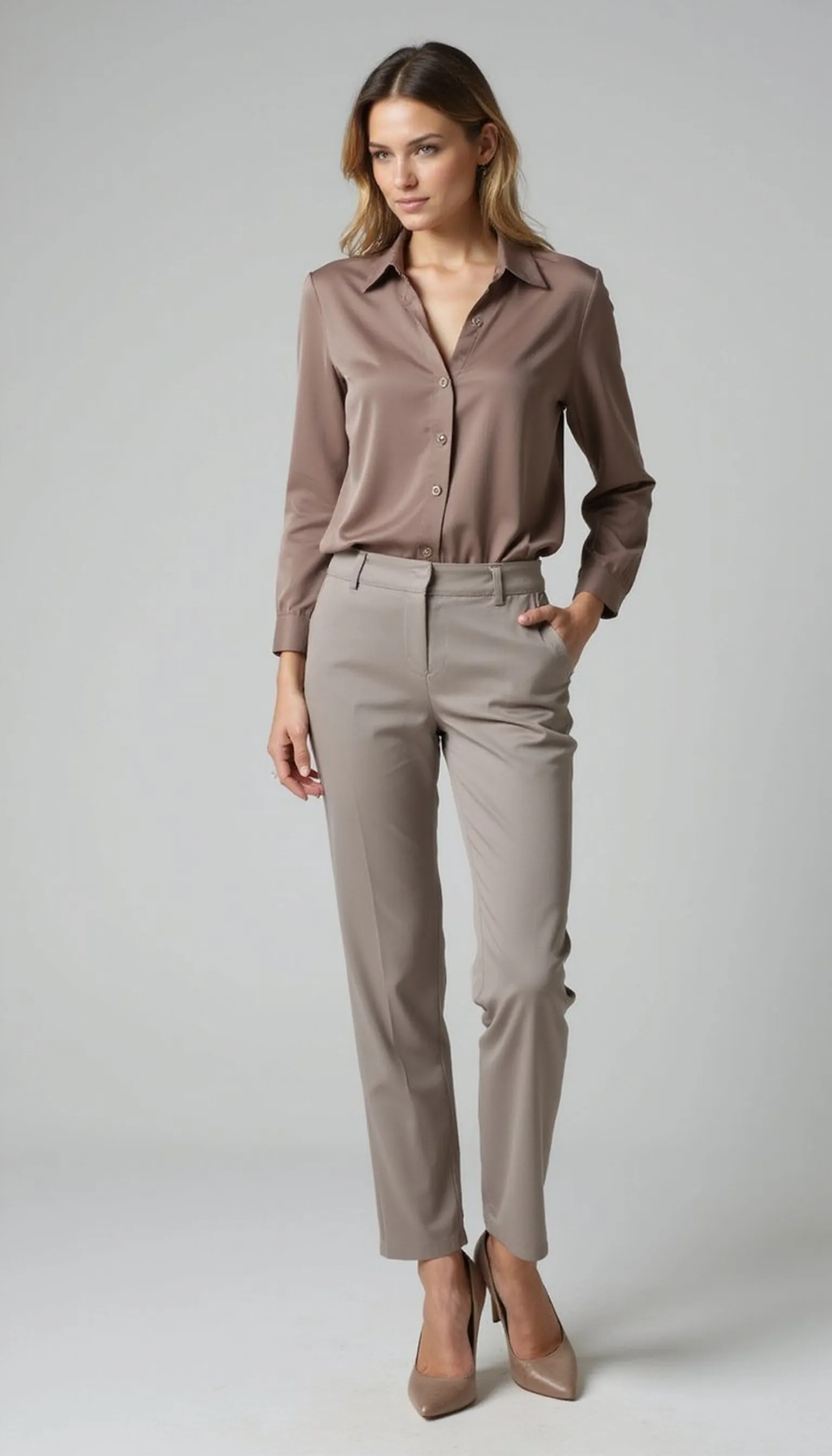 Tailored trousers and a silk blouse for quiet office style