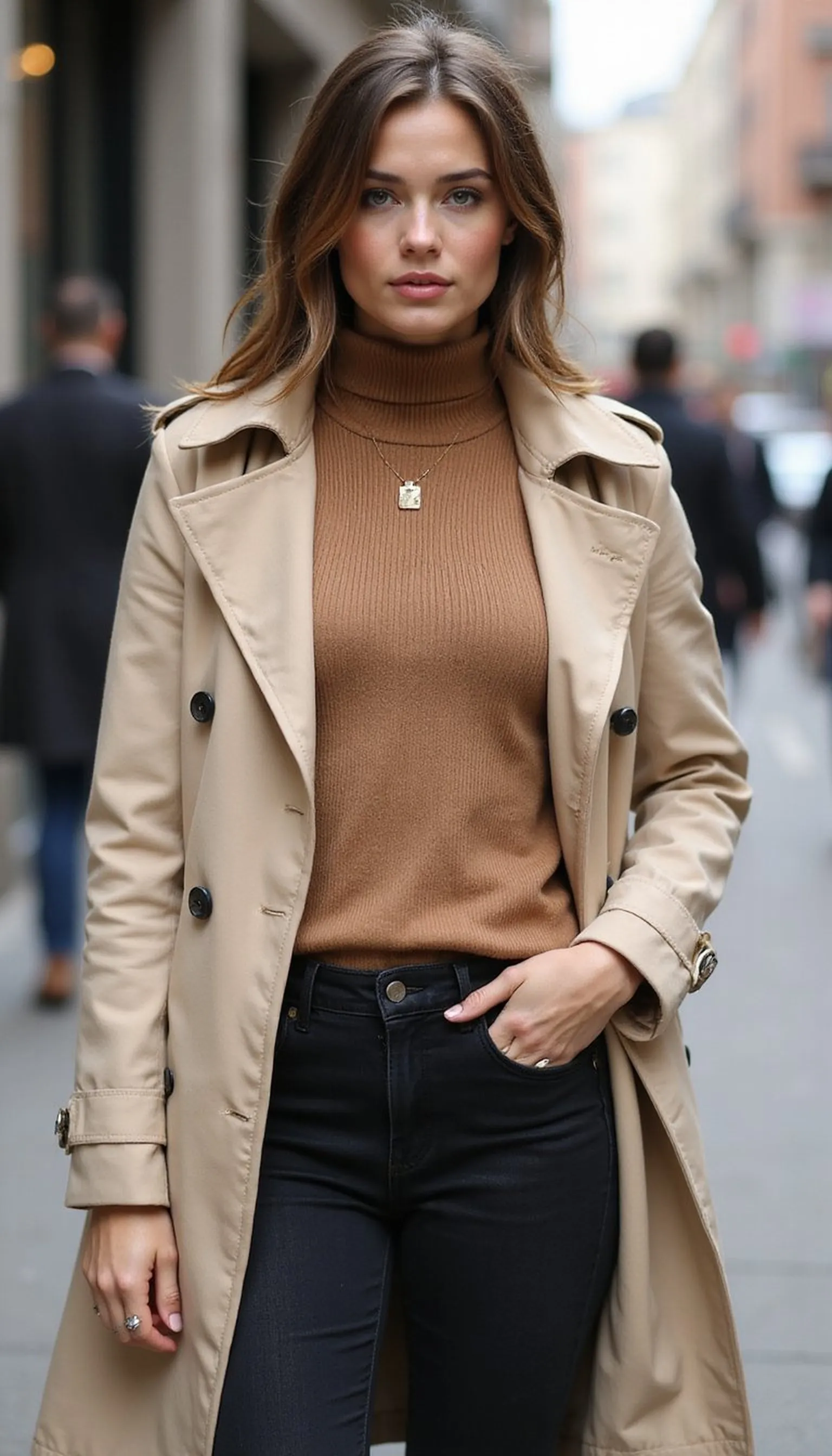 Trench coat layered over neutral basics