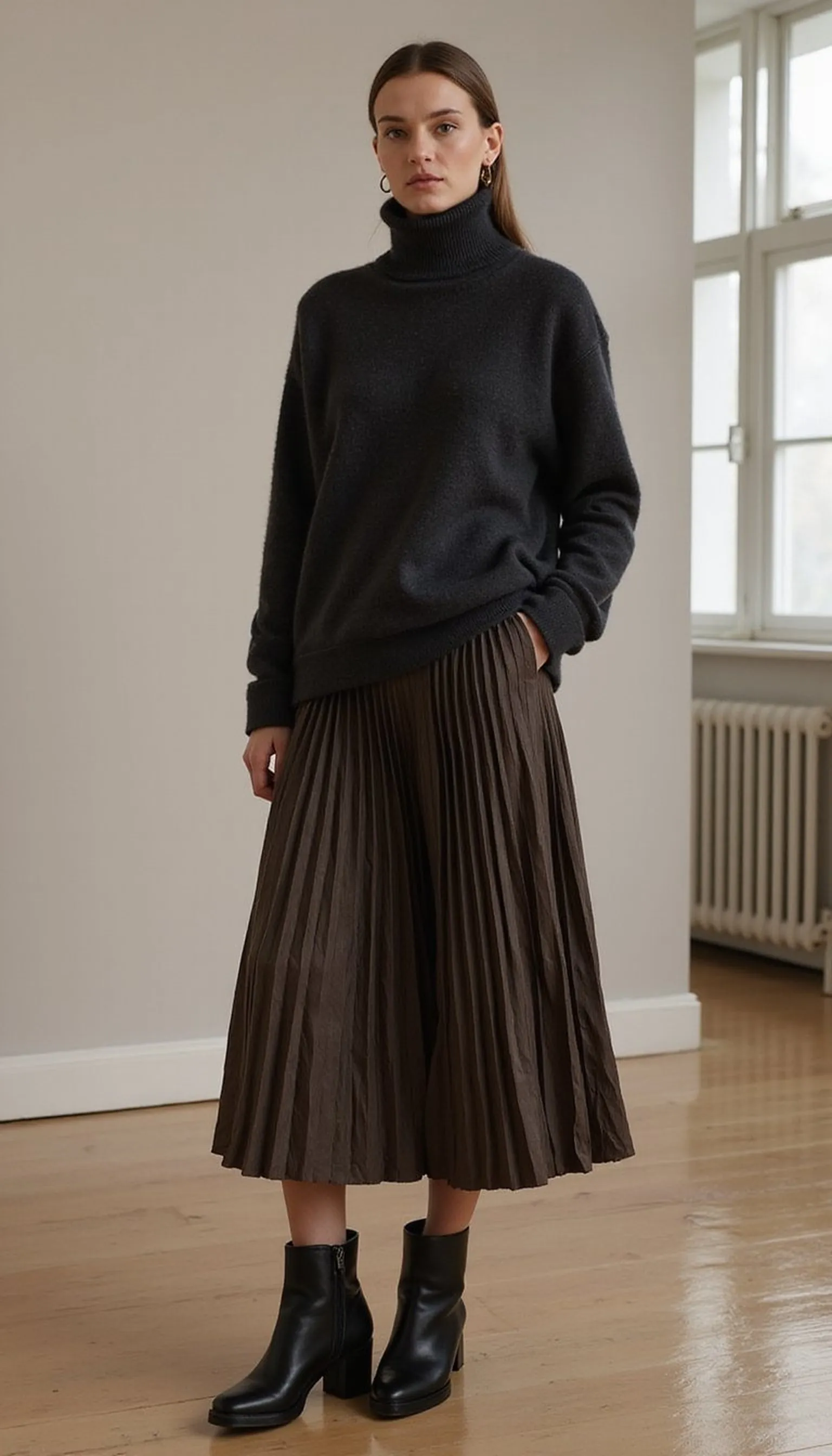 Turtleneck and pleated skirt for polished warmth