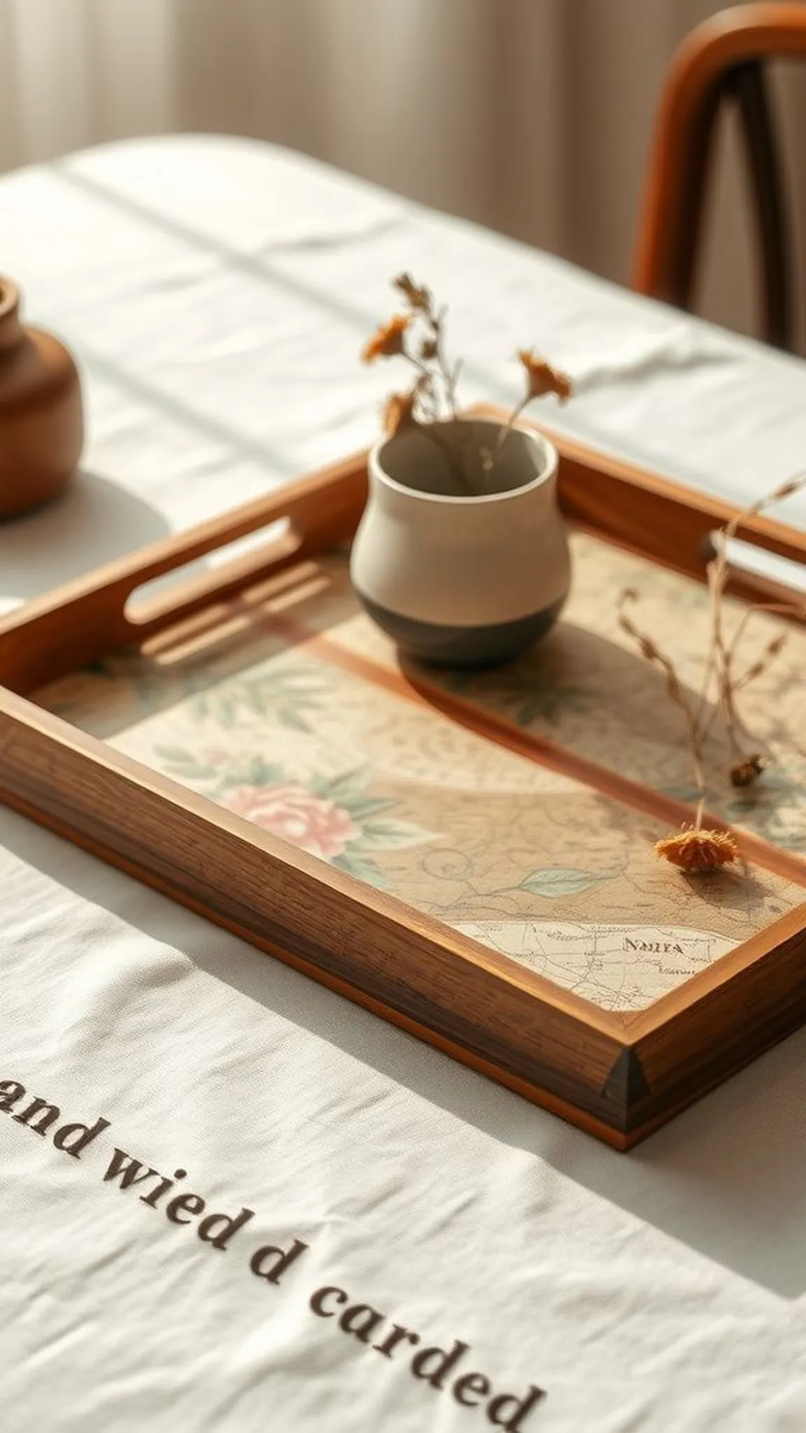 Decoupaged wooden tray with vintage papers