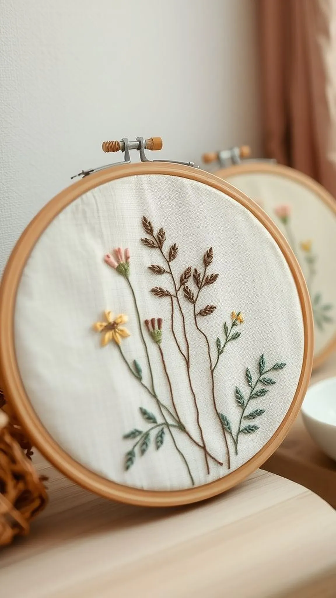 Embroidered hoop art with botanical motifs