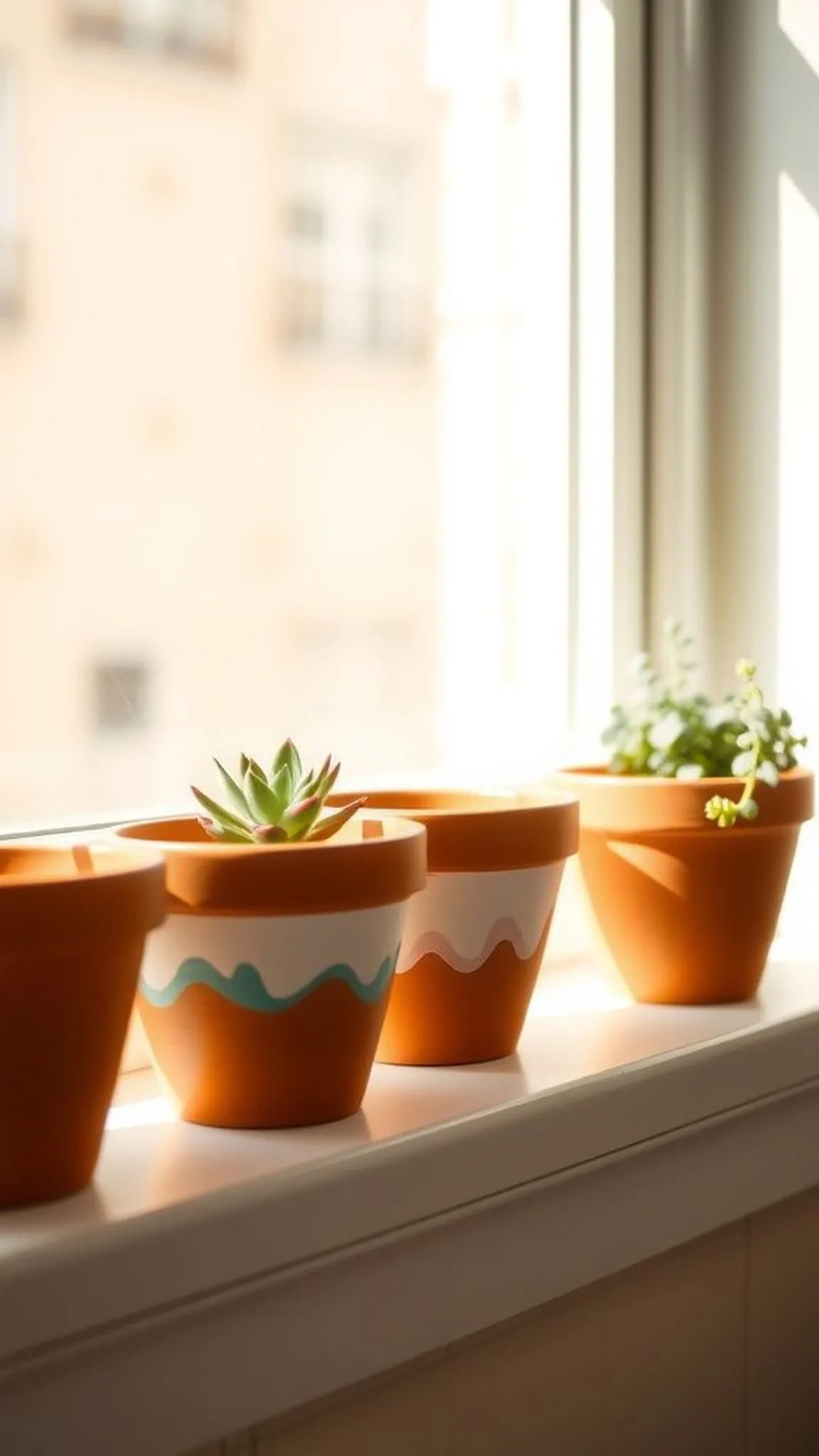 Hand-painted terra cotta pots with simple motifs
