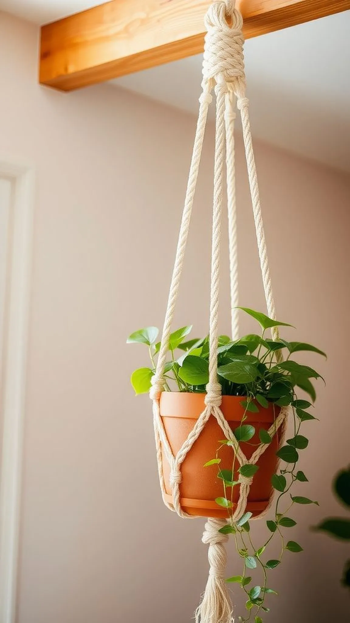 Knotted macrame plant hanger for hanging greens