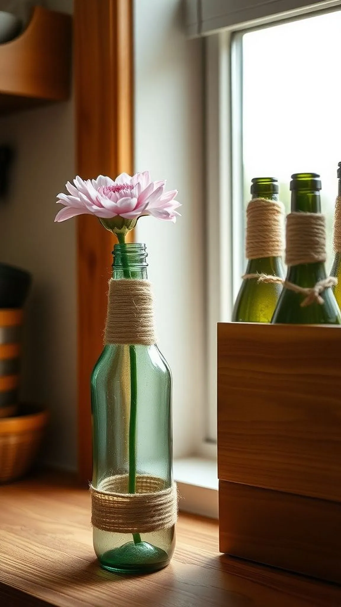 Upcycled wine bottle vase with twine wrap