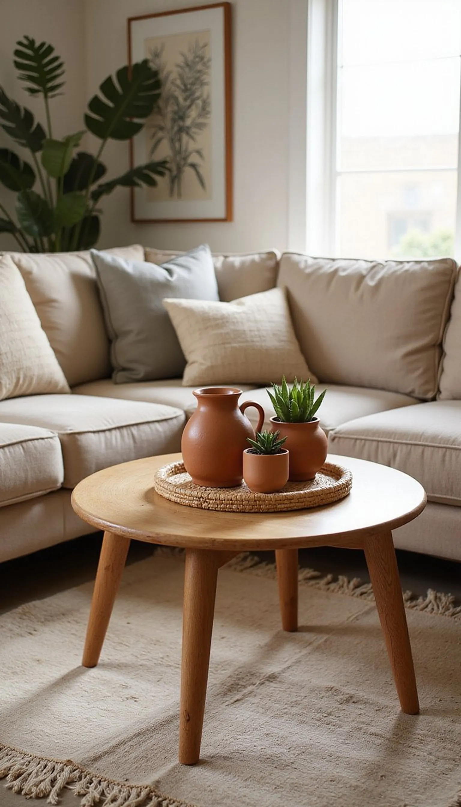 Boho layers: rattan tray, pottery, and greenery