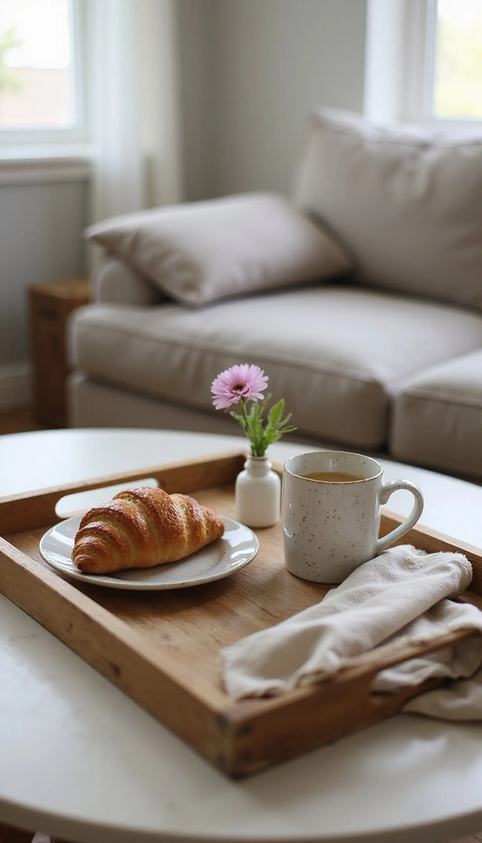 Breakfast-ready: tray, mug, plate, and linen napkin