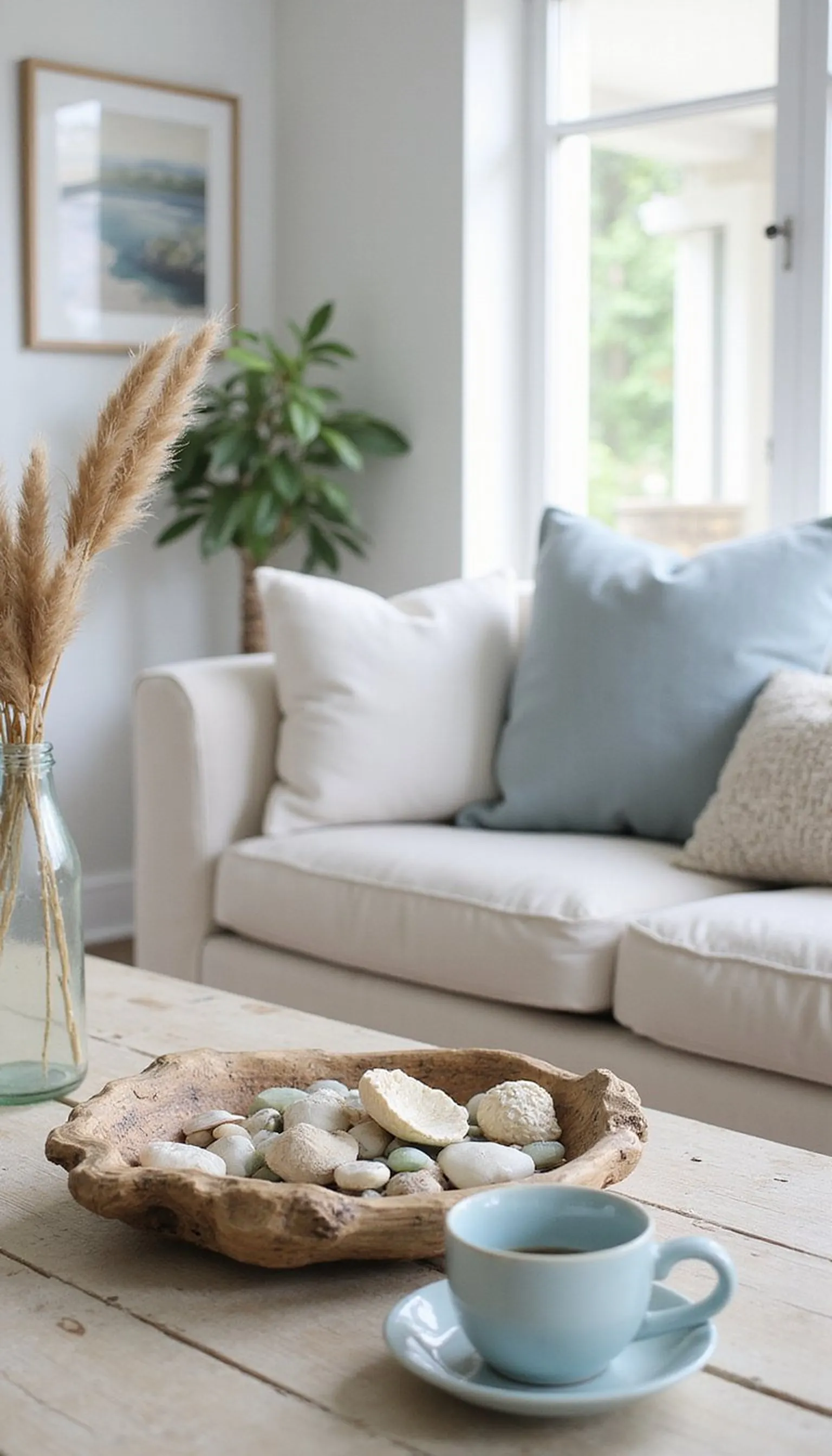 Coastal calm with driftwood, shells, and glass