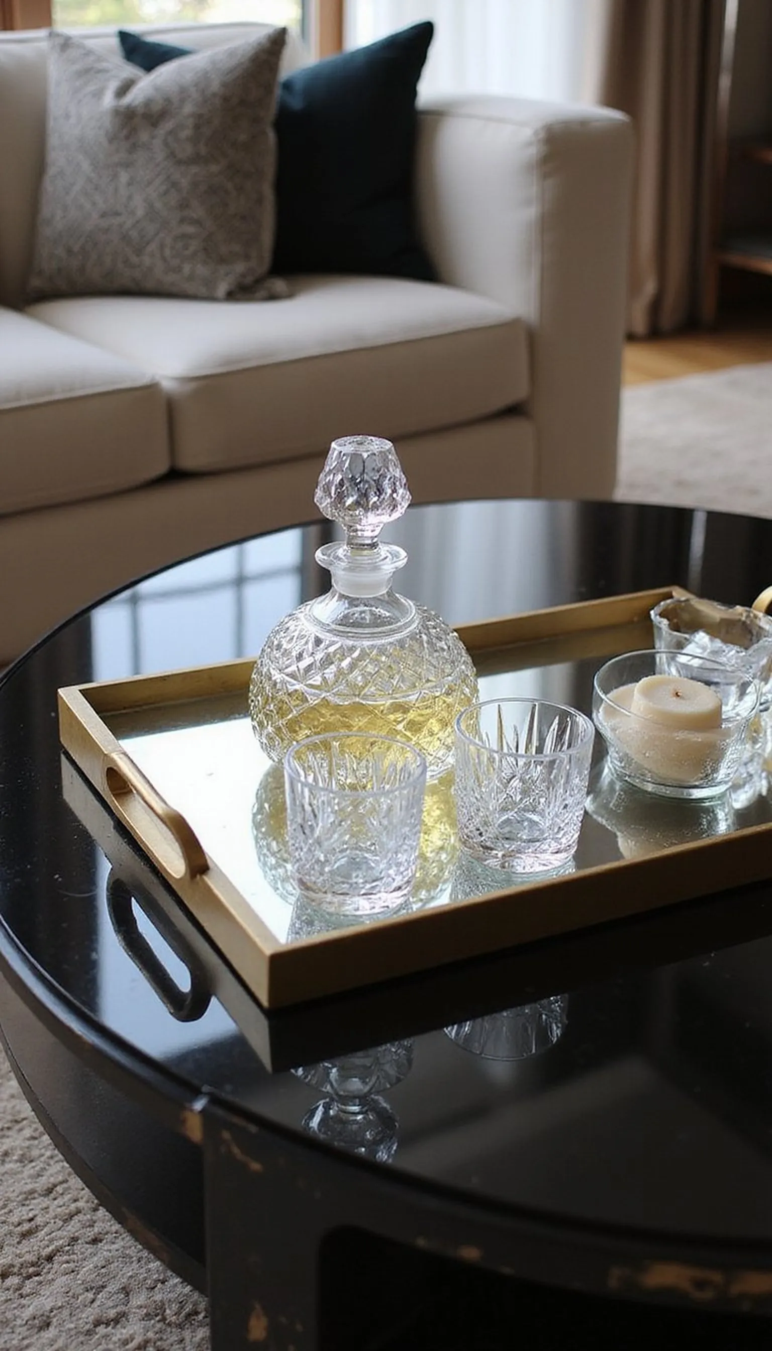 Glam vignette with mirrored tray and glass objects