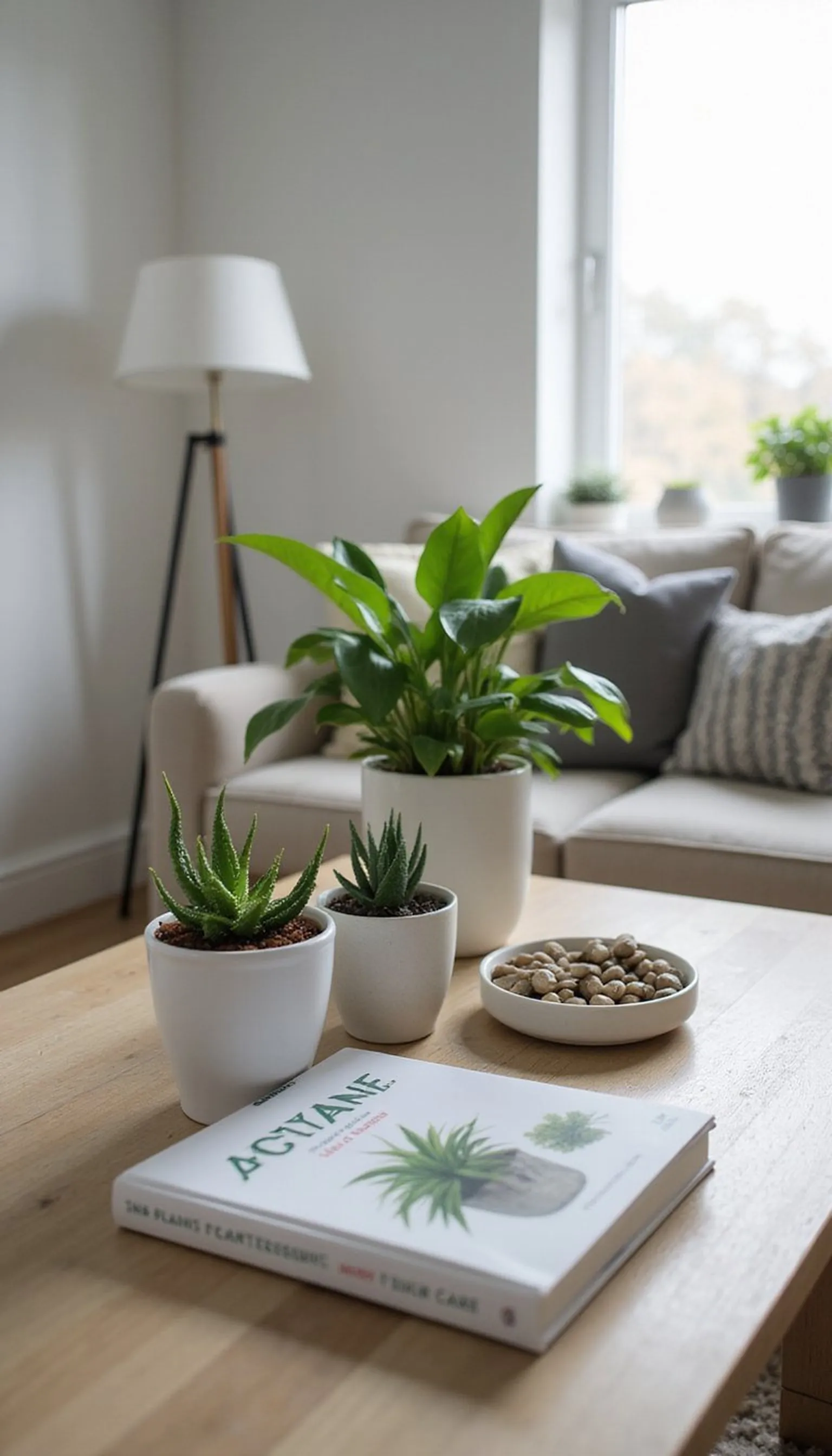 Greenhouse corner: lots of plants, low books, and pebbles