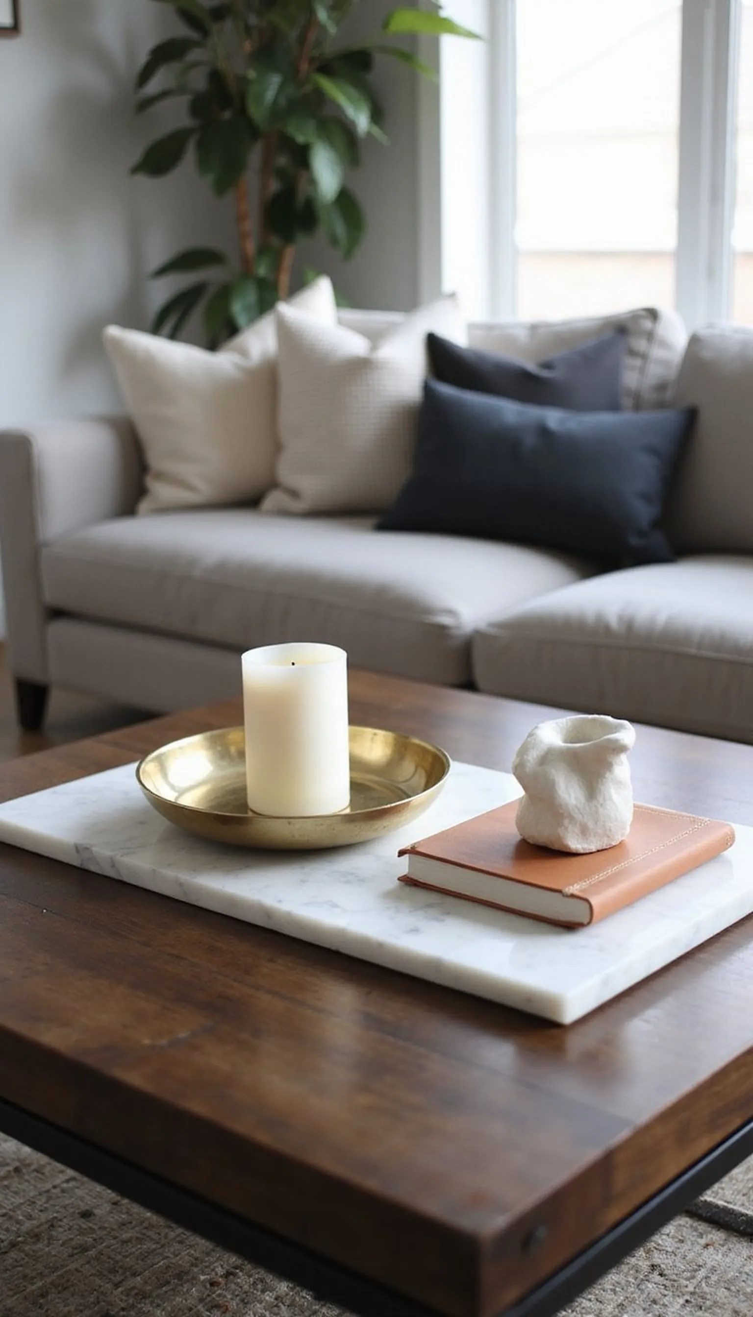 Layer a tray, candle, and sculptural object